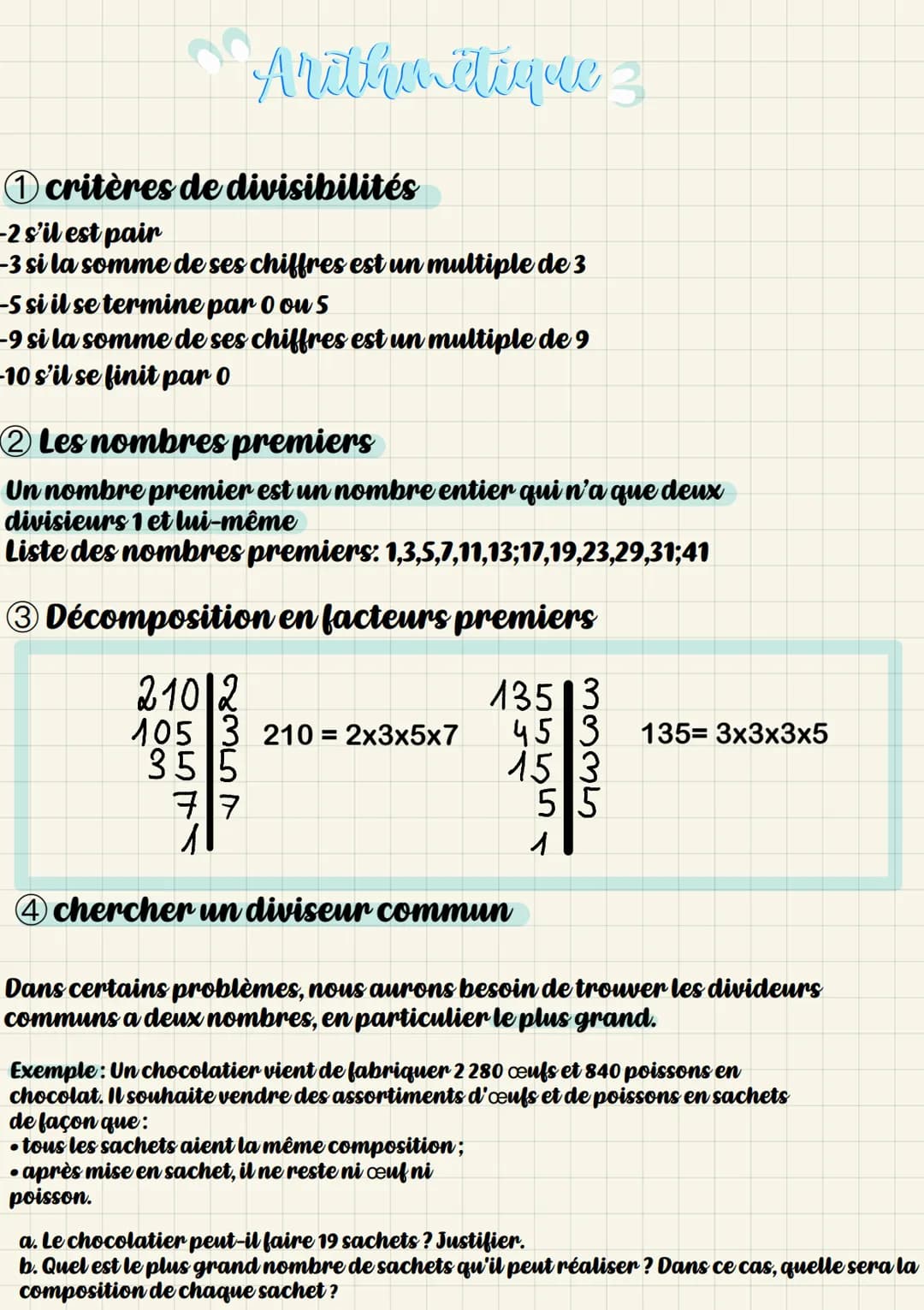 A) Tout d'abords; on décompose 2280 et 840 en nombres de facteurs,
premiers
228012
1140
570 2
285 3
95 5
19 19
1
2280=2x2x2x3x5x19
8 4 0 2
4