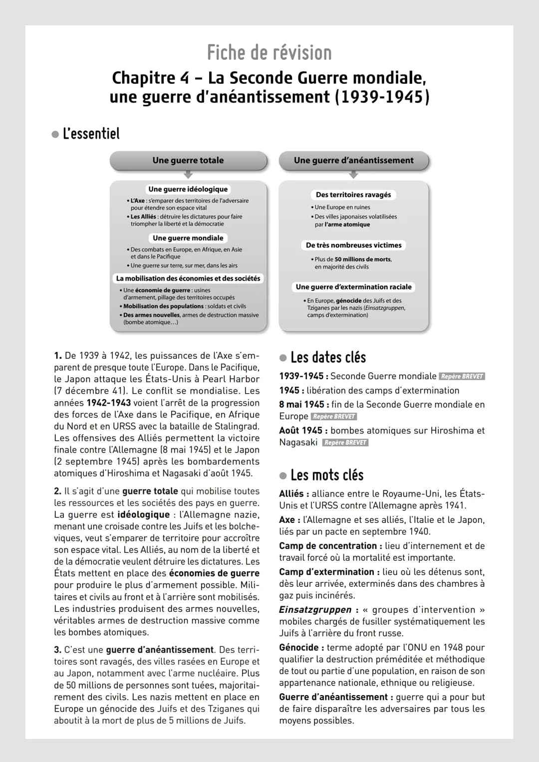 Fiche de révision
Chapitre 4 - La Seconde Guerre mondiale,
une guerre d'anéantissement (1939-1945)
● L'essentiel
Une guerre totale
Une guerr