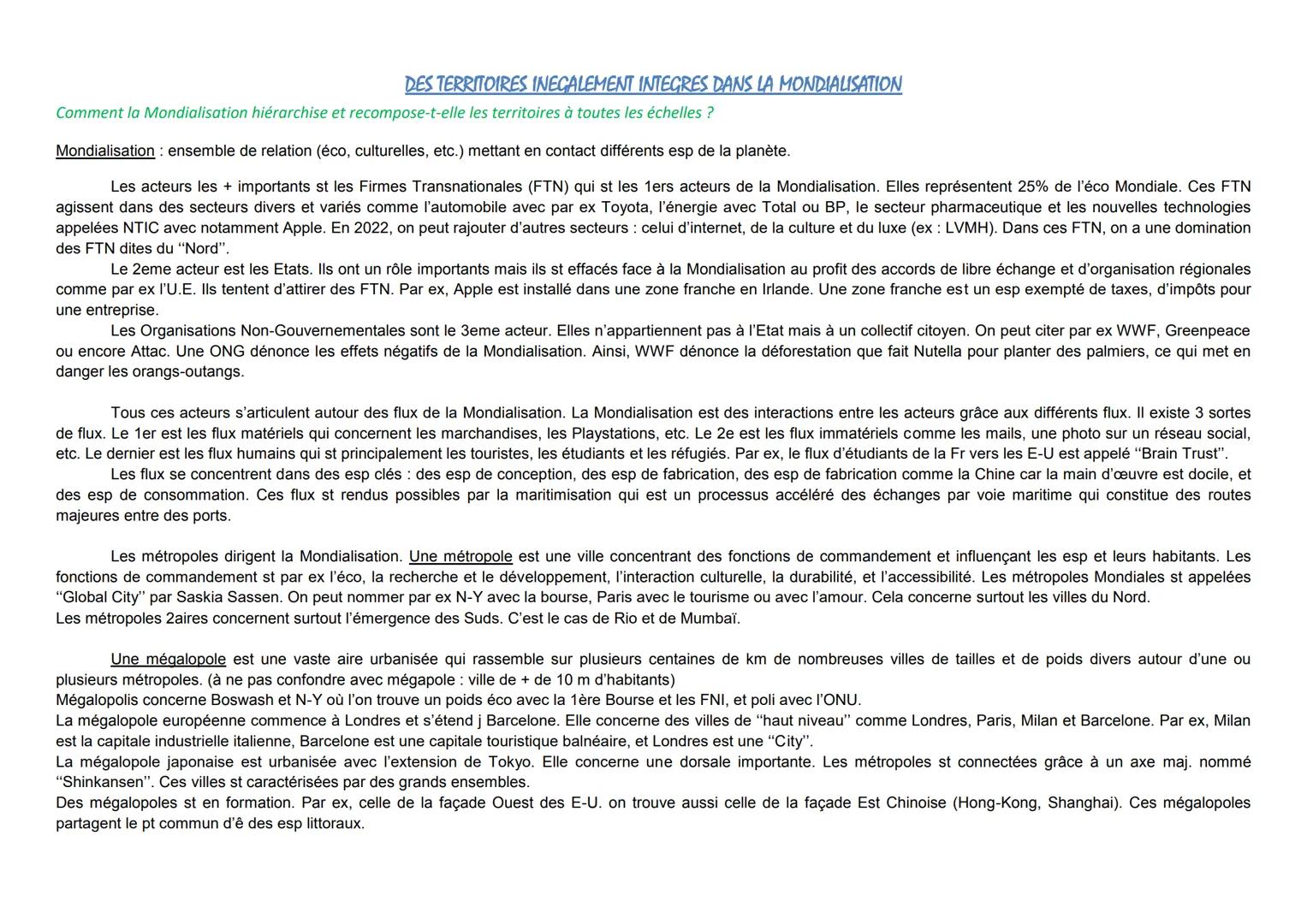 DES TERRITOIRES INECALEMENT INTEGRES DANS LA MONDIALISATION
Comment la Mondialisation hiérarchise et recompose-t-elle les territoires à tout
