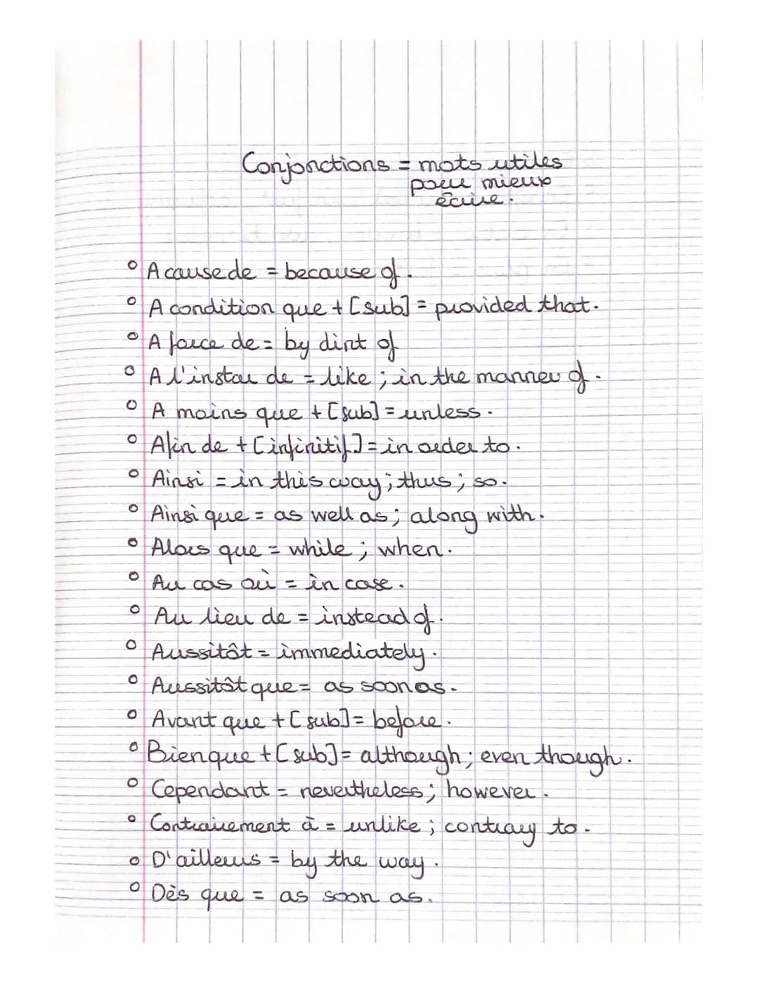 • A cause de
O
0
O
Conjonctions mots utiles
pour mieux
écrire.
A force de = by dint of
g.
• A l'instar de = like; in the manner
+ [sub] = un