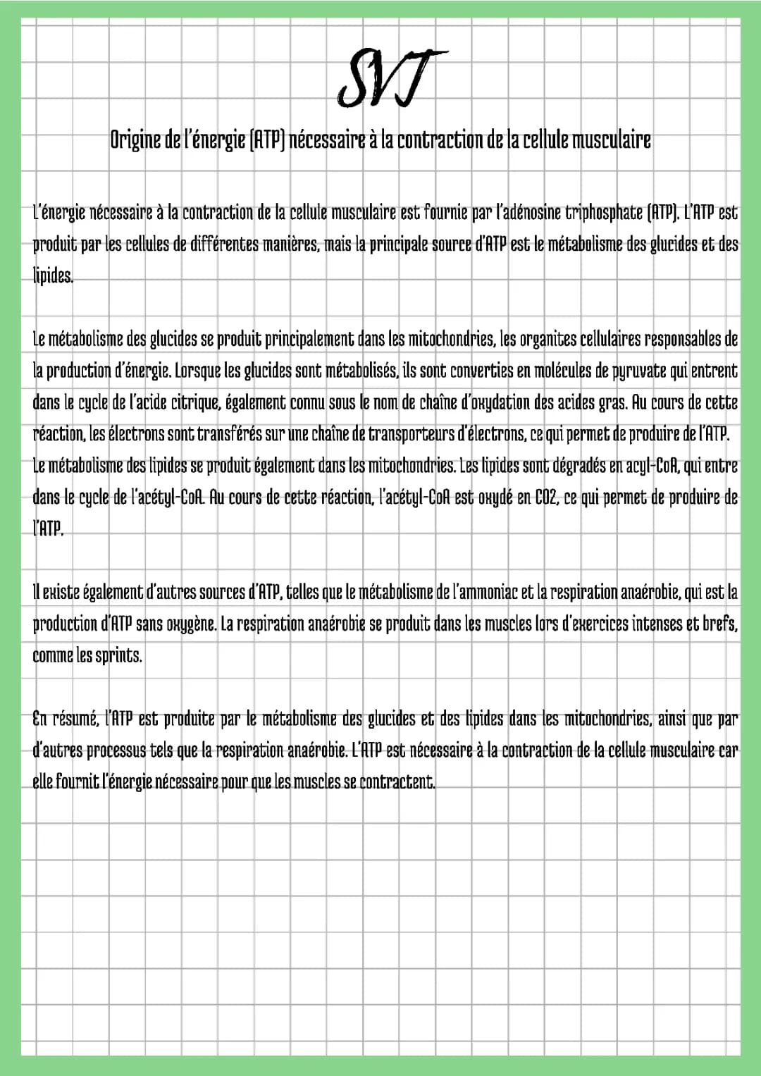 Origine de l'énergie (ATP) nécessaire à la contraction de la cellule musculaire