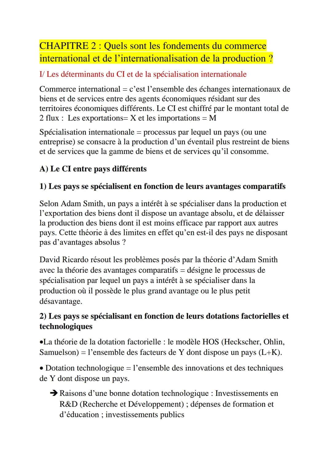 CHAPITRE 2 : Quels sont les fondements du commerce
international et de l'internationalisation de la production ?
I/ Les déterminants du CI e