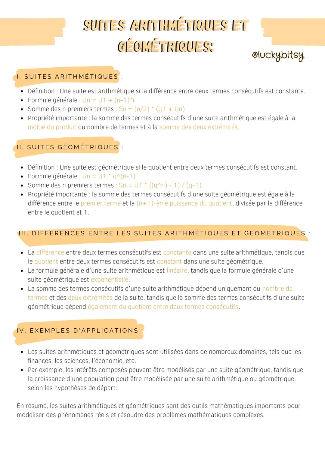 SUITES ARITHMÉTIQUES ET
GÉOMÉTRIQUES:
I. SUITES ARITHMÉTIQUES :
• Définition: Une suite est arithmétique si la différence entre deux termes 