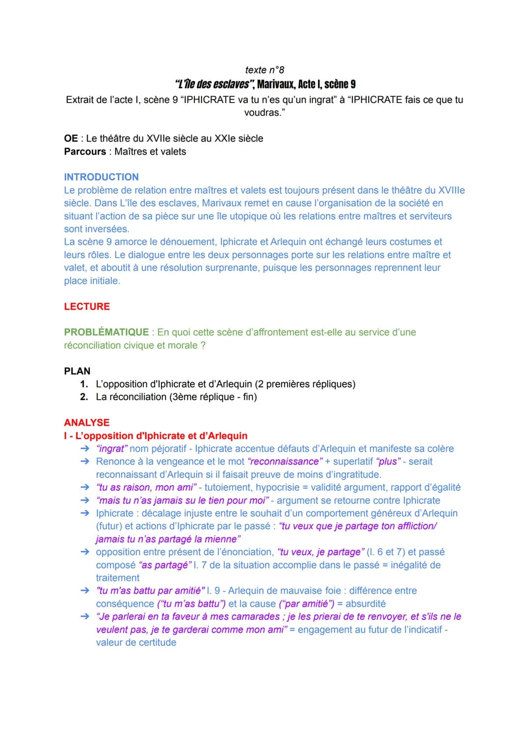 texte n°8
"L'île des esclaves", Marivaux, Acte I, scène 9
Extrait de l'acte I, scène 9 "IPHICRATE va tu n'es qu'un ingrat" à "IPHICRATE fais