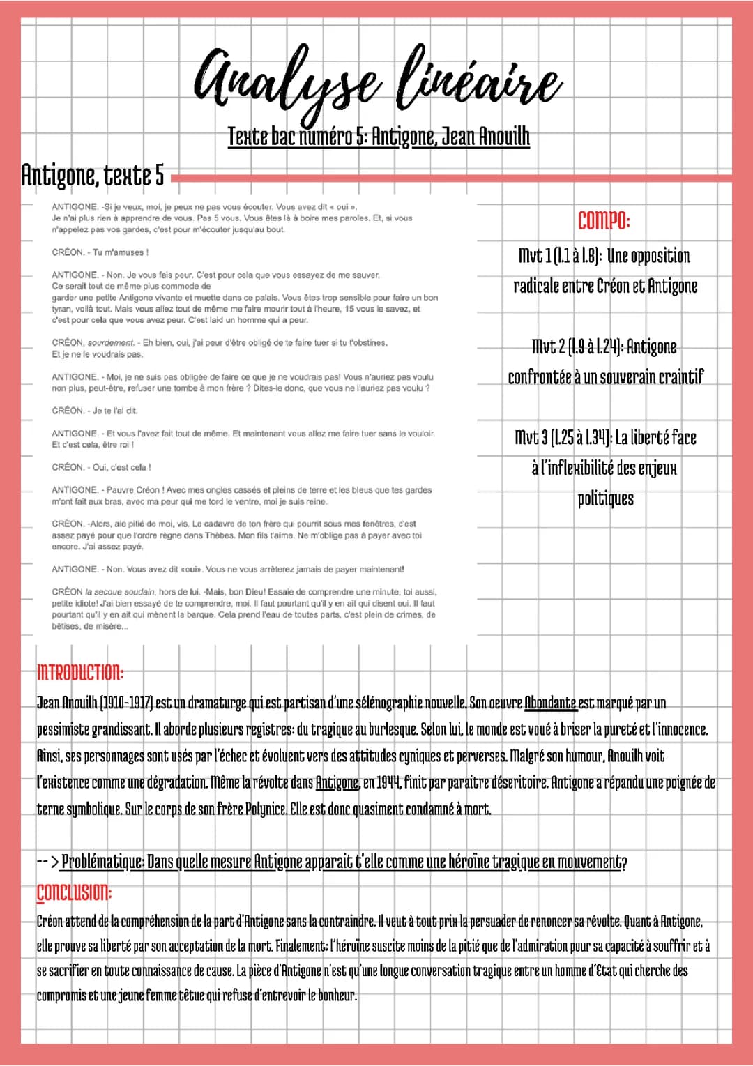 Analyse Linéaire Antigone et Ismène - Antigone et Créon Résumé 3ème