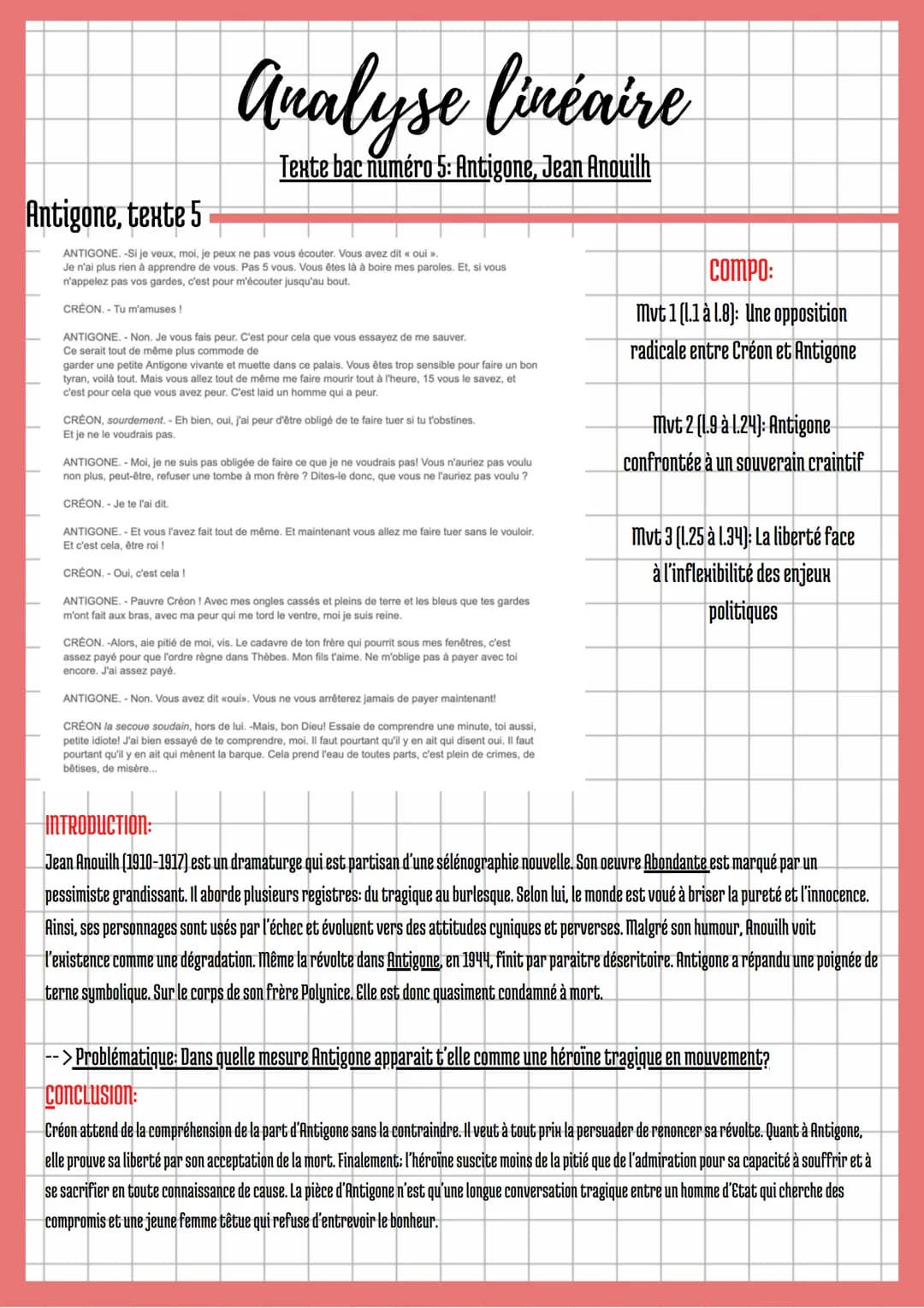 Analyse linéaire
Texte bac numéro 5: Antigone, Jean Anouilh
Antigone, texte 5
ANTIGONE. -Si je veux, moi, je peux ne pas vous écouter. Vous 