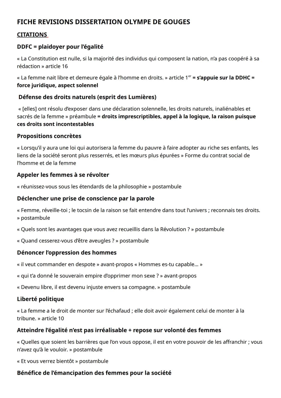 FICHE REVISIONS DISSERTATION OLYMPE DE GOUGES
CITATIONS
DDFC = plaidoyer pour l'égalité
<< La Constitution est nulle, si la majorité des ind