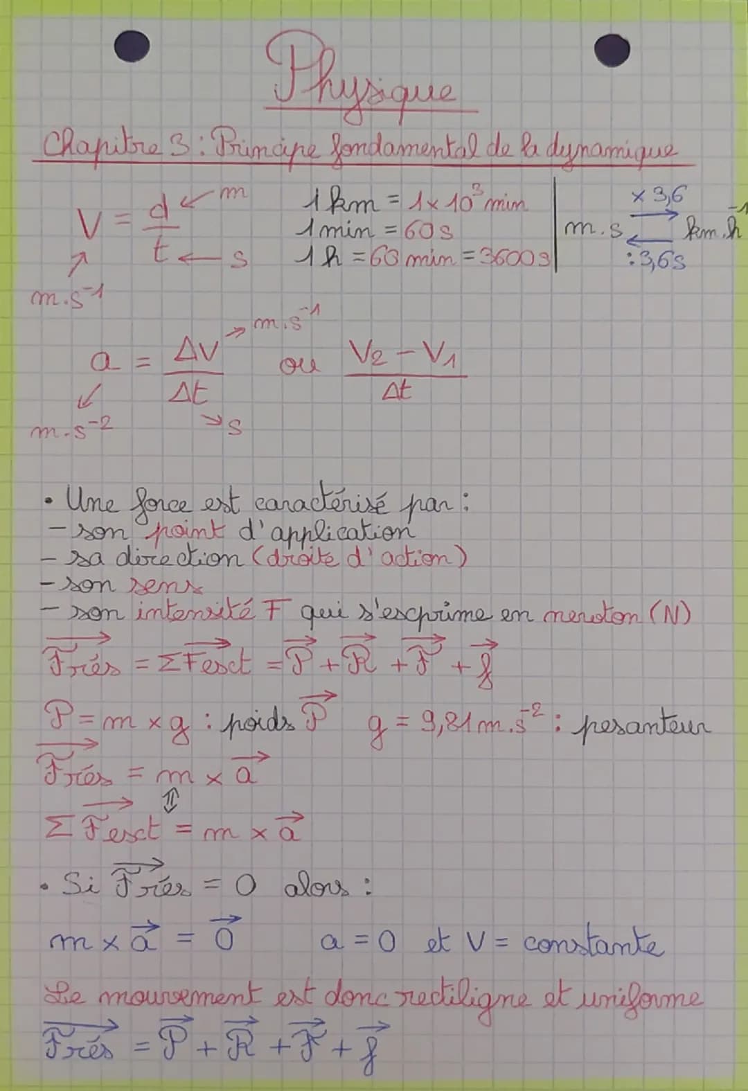 Physique
Chapitre 3: Principe fondamental de la dynamique
dem
VE
7
tes
S
m.51
Av
a =
ΔΕ
-2
ولا
m-s
1km = 1x10 min.
Amin = 60s
1h=60 min = 36