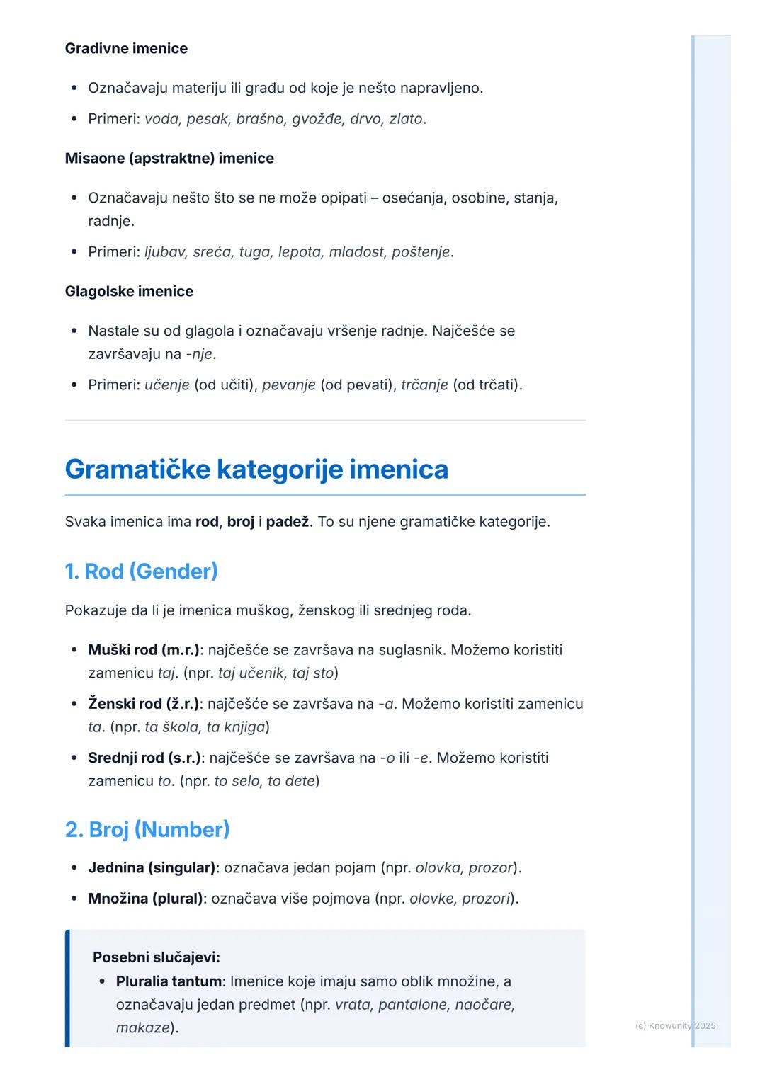# Imenice

## Uvod u imenice

Imenice su reči koje imenuju bića, predmete i pojave. One su osnova
rečenice, jer nam govore o kome ili o čemu