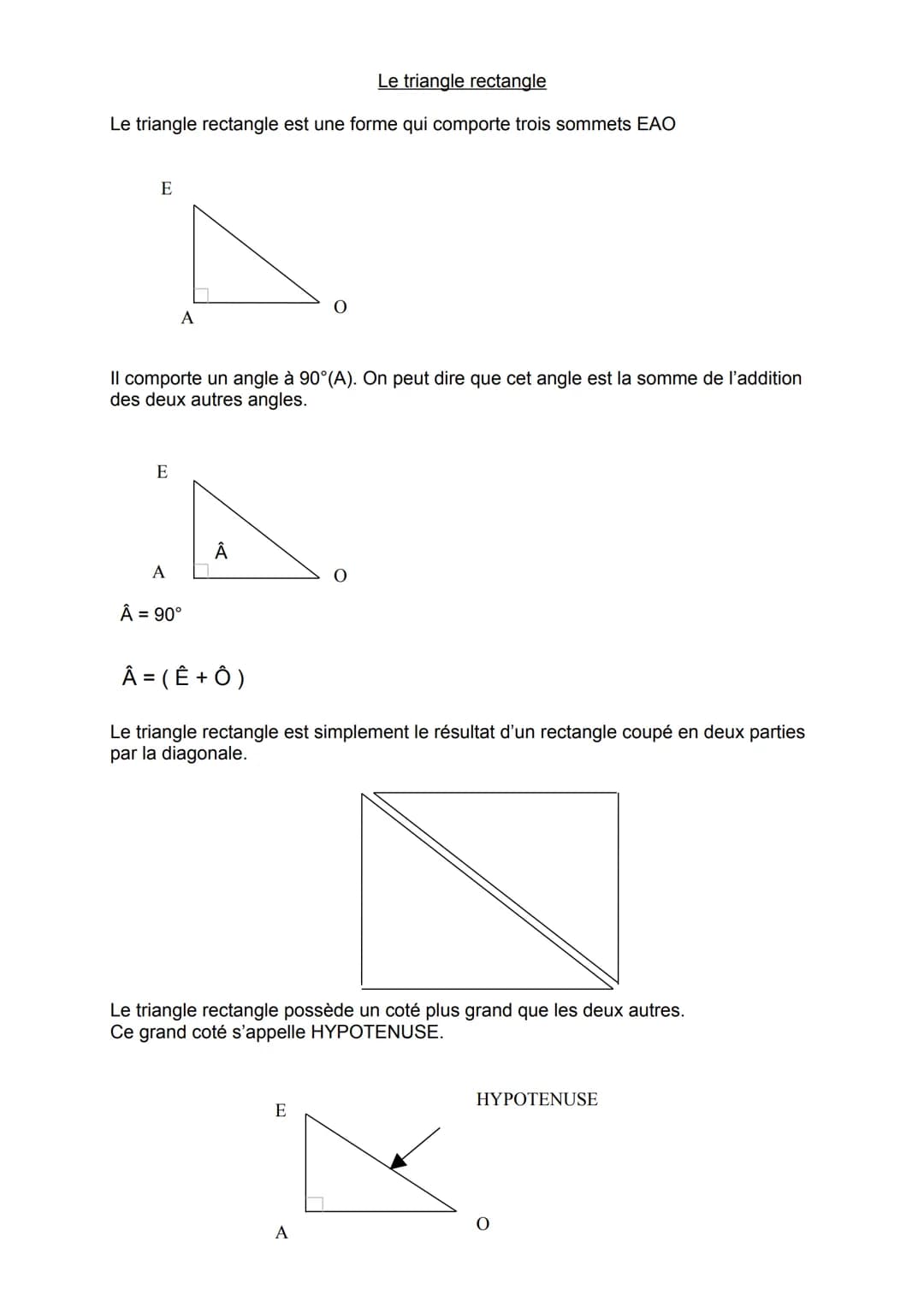 Le triangle
Le triangle est une forme géométrique composée de trois angles et trois côtés.
Les valeurs des angles et des côtés peuvent varie
