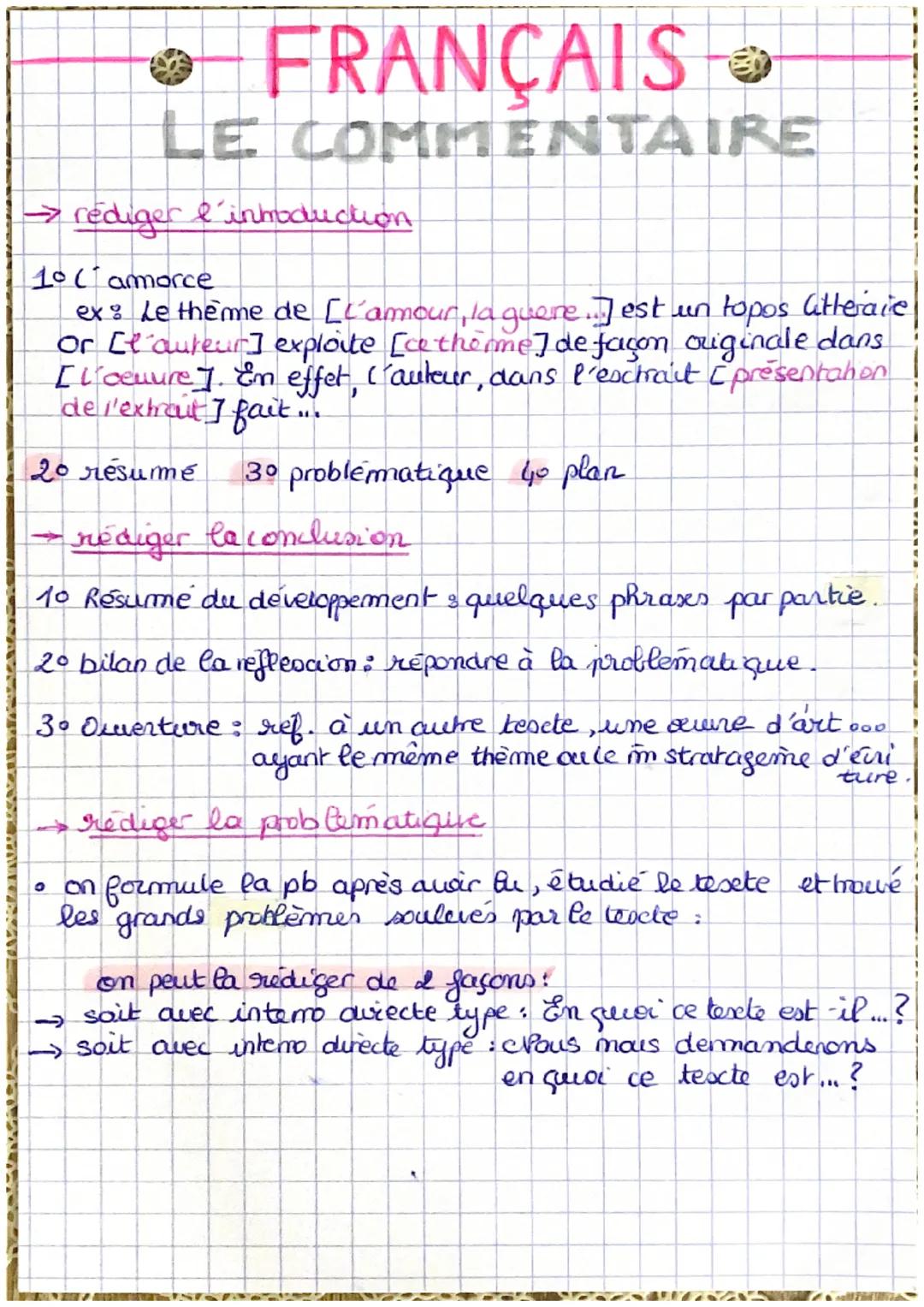 • FRANÇAIS
LE COMMENTAIRE
→ rediger l'introduction
10 (amorce
ex: Le thème de [l'amour, la guere...] est un topos litteraie
or [e auteur] ex