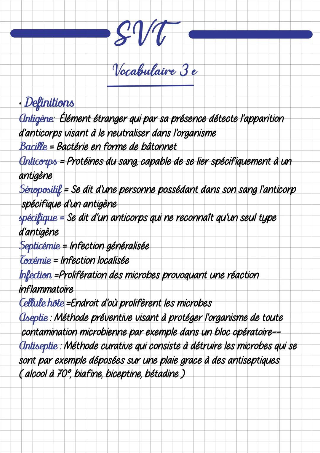 ·
Definitions
Antigene: Élément étranger qui par sa présence détecte l'apparition
d'anticorps visant à le neutraliser dans l'organisme
Bacil