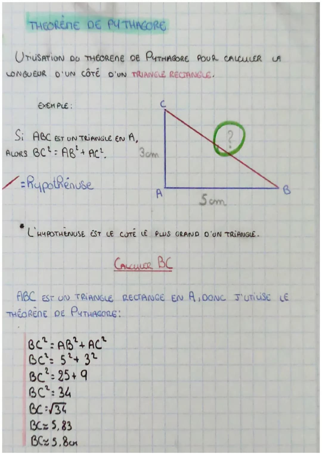 THEOREME DE PYTHAGORE
UTILISATION DU THEORENE DE PYTHAGORE POUR CALCULER LA
LONGUEUR D'UN CÔTÉ D'UN TRIANGLE RECTANGLE.
EXEMPLE:
Si ABC EST 