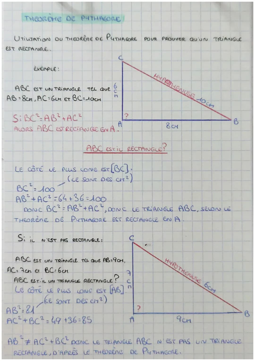 THEOREME DE PYTHAGORE
UTILISATION DU THEORENE DE PYTHAGORE POUR CALCULER LA
LONGUEUR D'UN CÔTÉ D'UN TRIANGLE RECTANGLE.
EXEMPLE:
Si ABC EST 