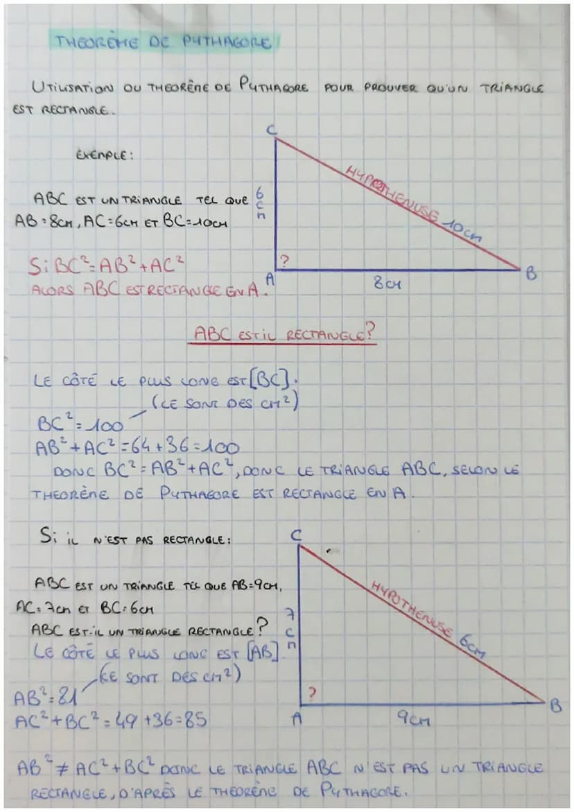 THEOREME DE PYTHAGORE
UTILISATION DU THEORENE DE PYTHAGORE POUR CALCULER LA
LONGUEUR D'UN CÔTÉ D'UN TRIANGLE RECTANGLE.
EXEMPLE:
Si ABC EST 