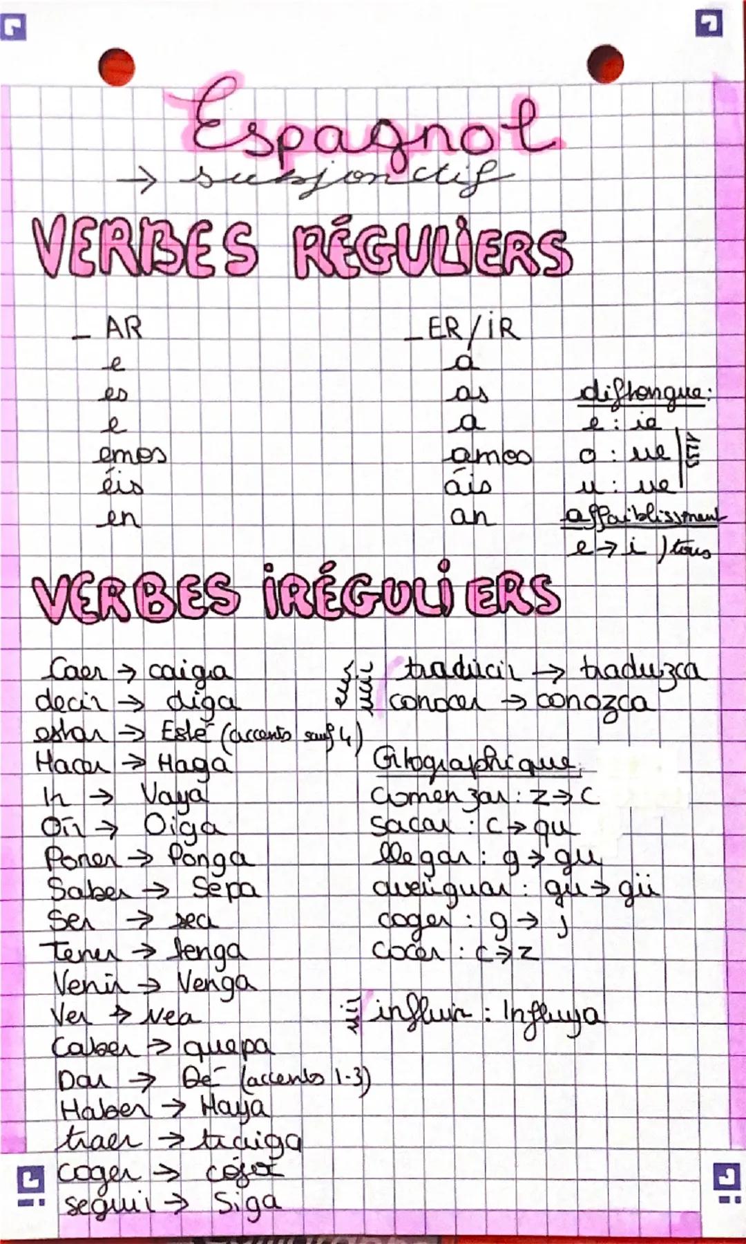 Espagnol
> subjon dif
VERBES REGULIERS
AR
ER/IR
a
e
es
e
as
diftongue:
a
e:
emos
منقــ
amoo
ais
u:
هذا
عيد
عيد
affaiblissmant
ezi tous
en
an