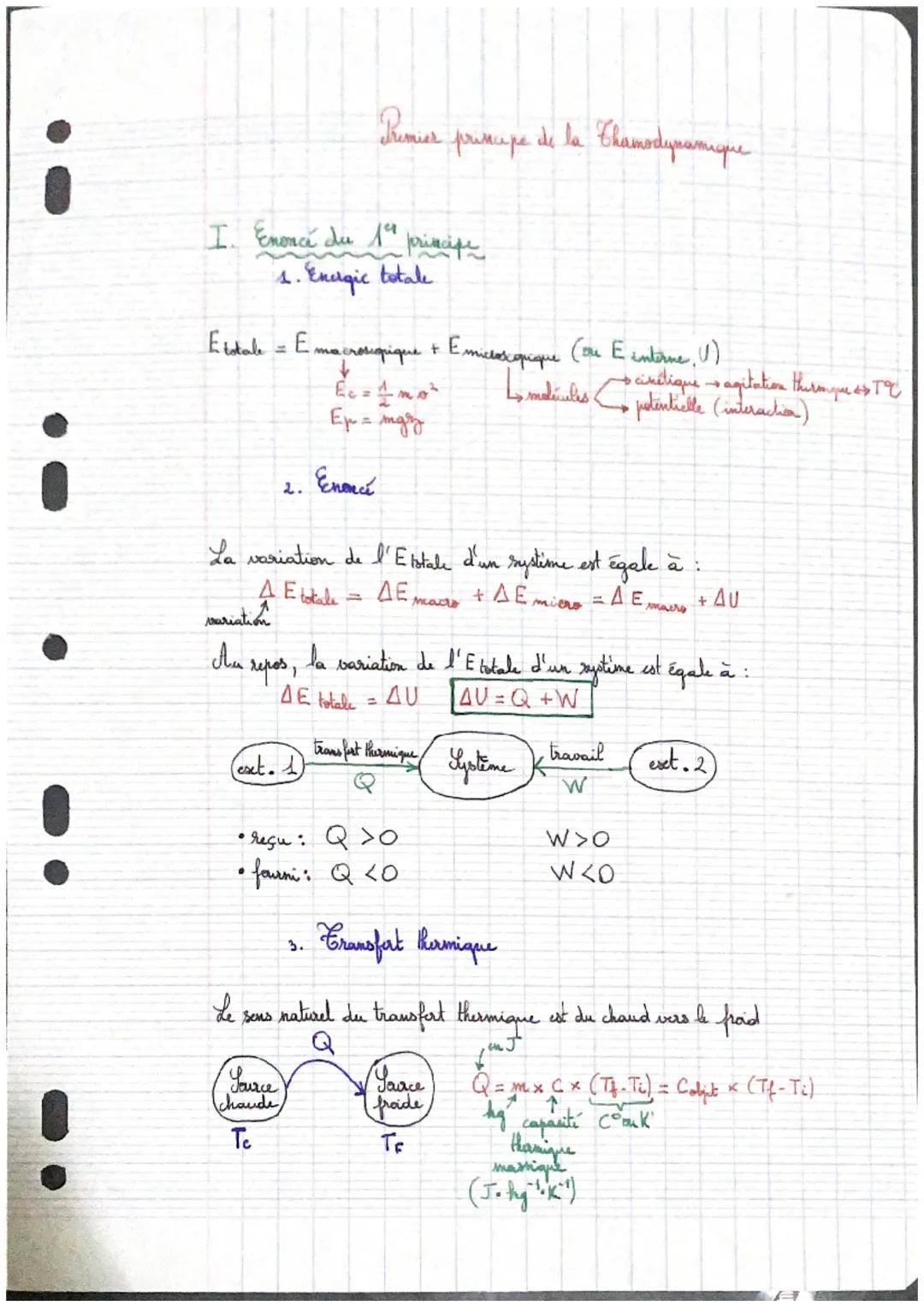 Premier primupe de la Chamodynamique

I. Enoncé du 14 principe

1. Energic totale

Etotale = E macrotiqique + Emisterioqique (on E enterne, 