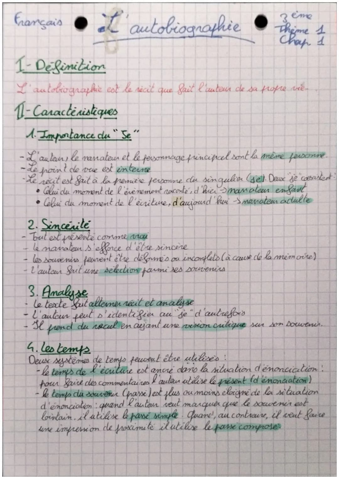 Français
L'autobiographie
зете
Theme 1
chap 1
1- Definition
L'autobiographie est le récit que fait l'auteur de sa propre vie -
11-Caractéris