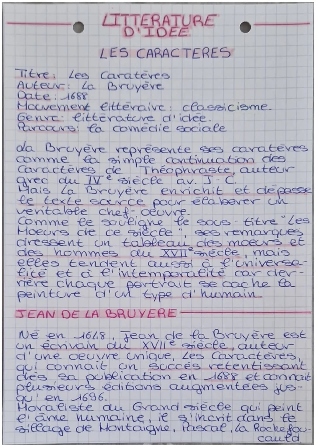 LITTERATURE
D'IDEE
LES CARACTERES
Titre: Les Carateres
Auteur: La Bruyère
Date: 1688
Movement litteraive: classicisme.
Genre: litterature d'