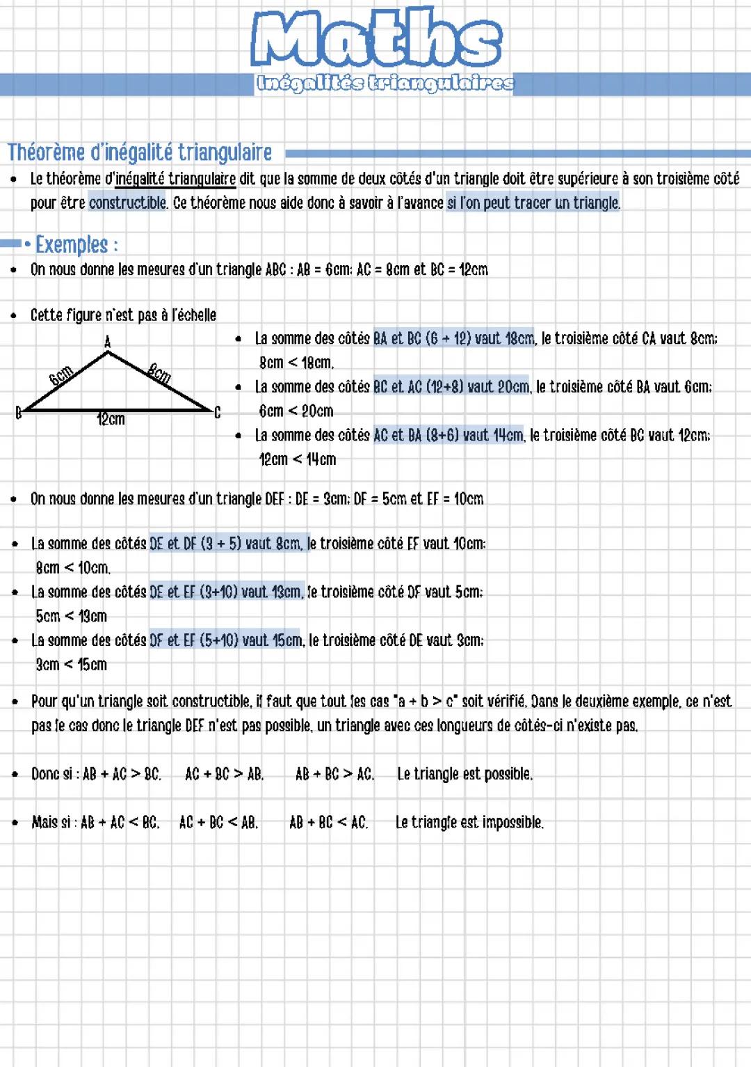 Inégalité Triangulaire : Exercices Corrigés et Démonstration pour 5ème