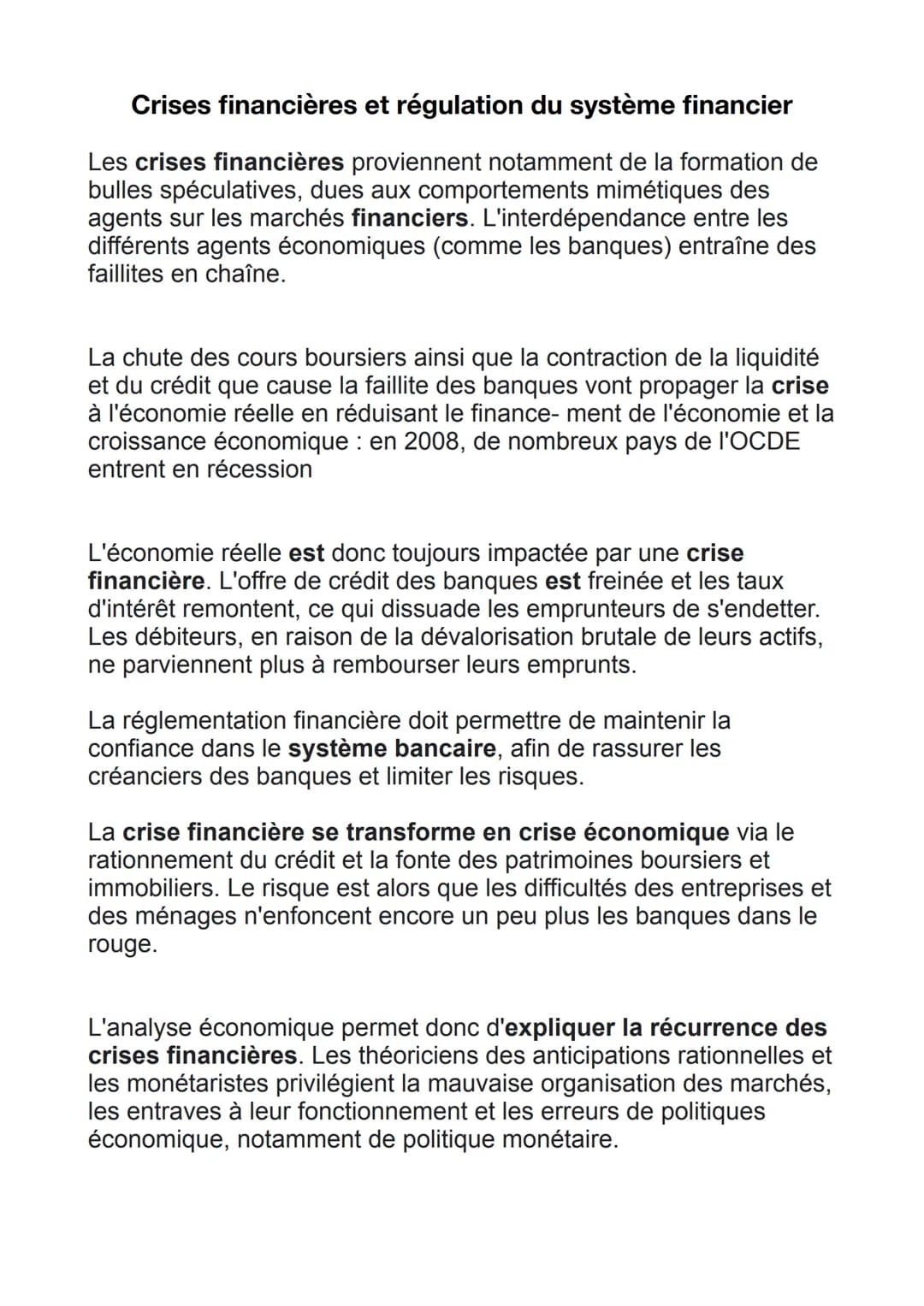 Crises financières et régulation du système financier
Les crises financières proviennent notamment de la formation de
bulles spéculatives, d