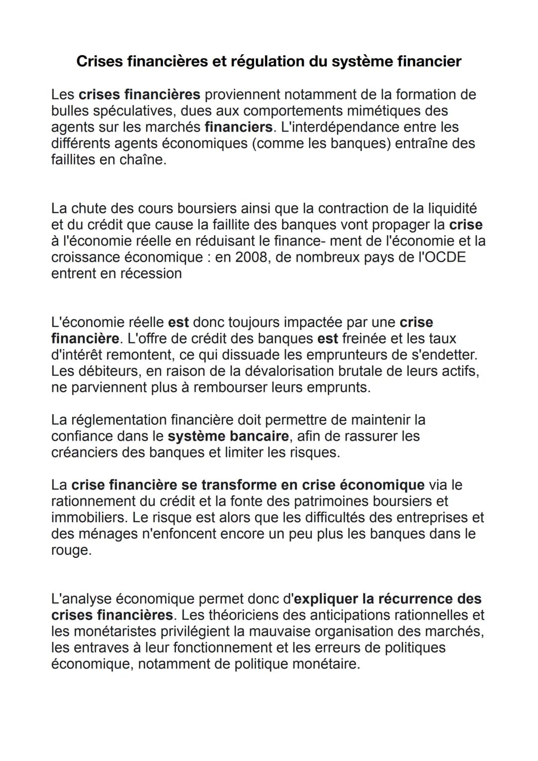 Crises financières et régulation du système financier
Les crises financières proviennent notamment de la formation de
bulles spéculatives, d