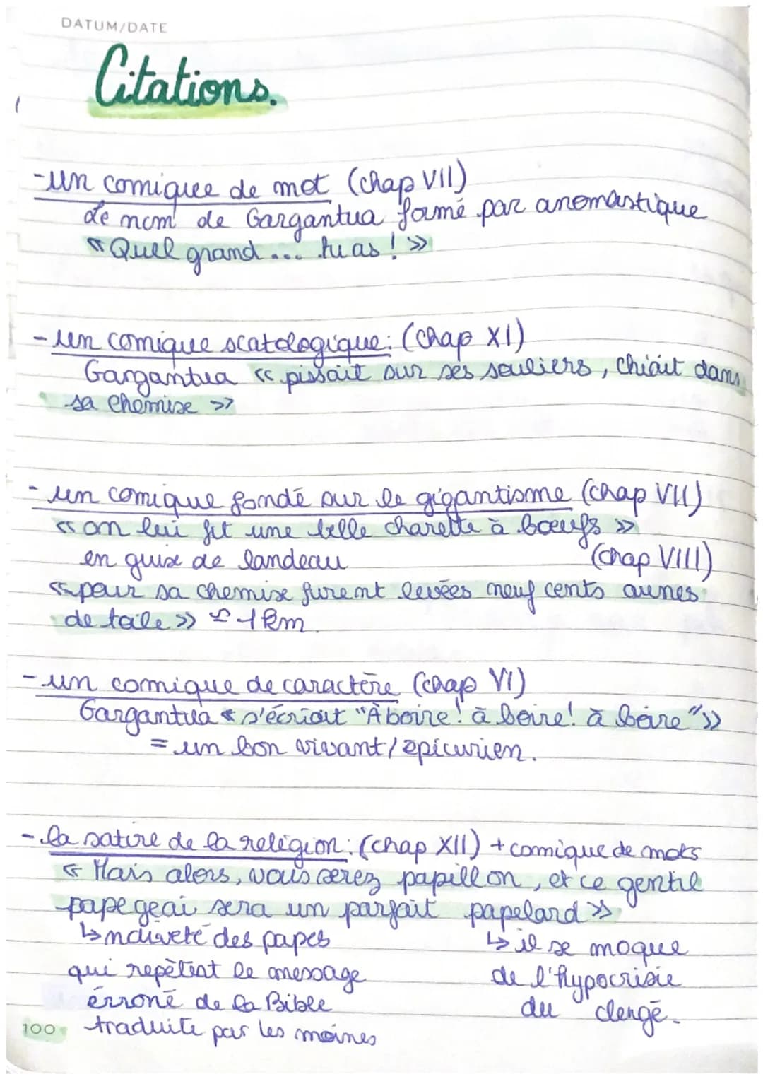 DATUM/DATE
Citations.
-un comique de mot (chap Vill)
de nom de Gargantua formé par anomastique
"Quel grand... has ! »
-un comique scatologiq