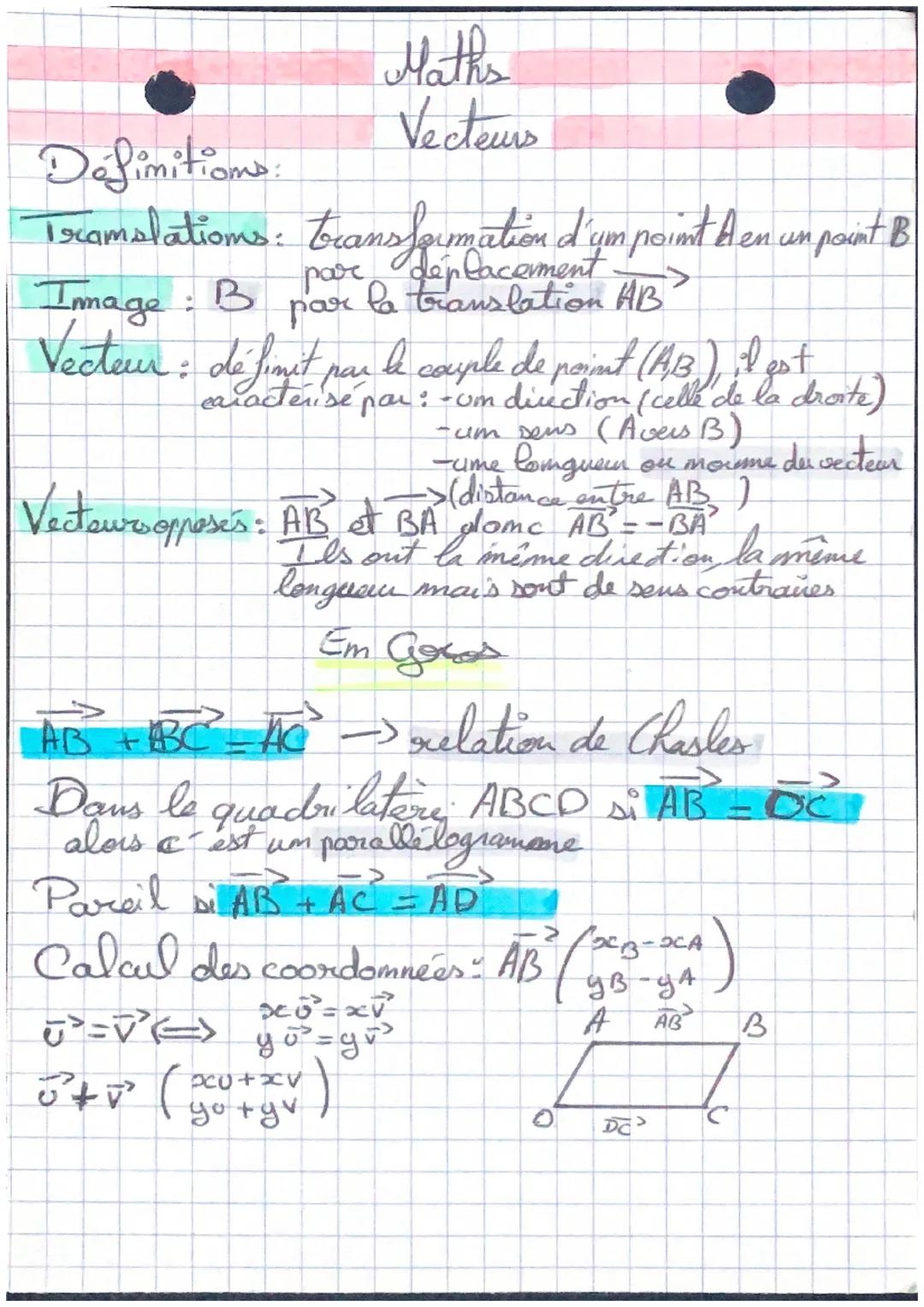 Définitions
Translations:
Image: B
Vecteur : dé finit par le couple de point (AB), il est
раз
caractérisé par: -um direction (celle de la dr