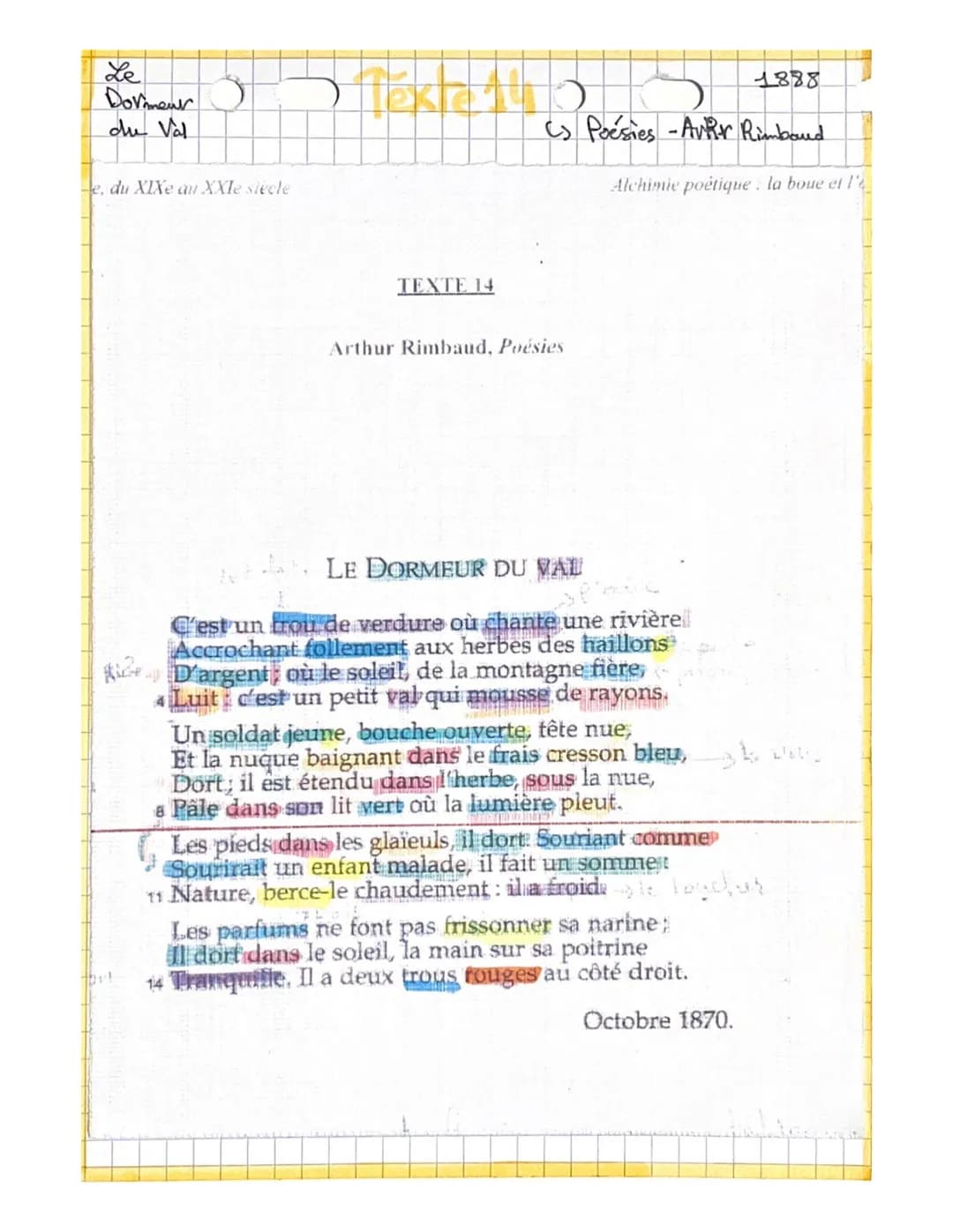 de
Dormeur
du Val
Arthur himbaud:
- poète fv. du XIXcies
précurseur de la p.
mockne
- influencé aussi par C. Baude
Oeuvre
sécrit en octobre 