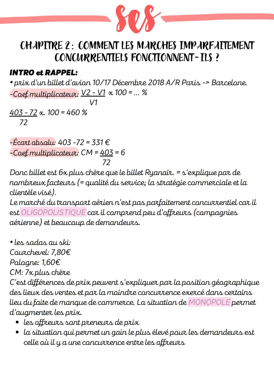 ses
CHAPITRE 2: COMMENT LES MARCHES IMPARFAITEMENT
CONCURRENTIELS FONCTIONNENT-ILS ?
INTRO et RAPPEL:
prix d'un billet d'avion 10/17 Décembr