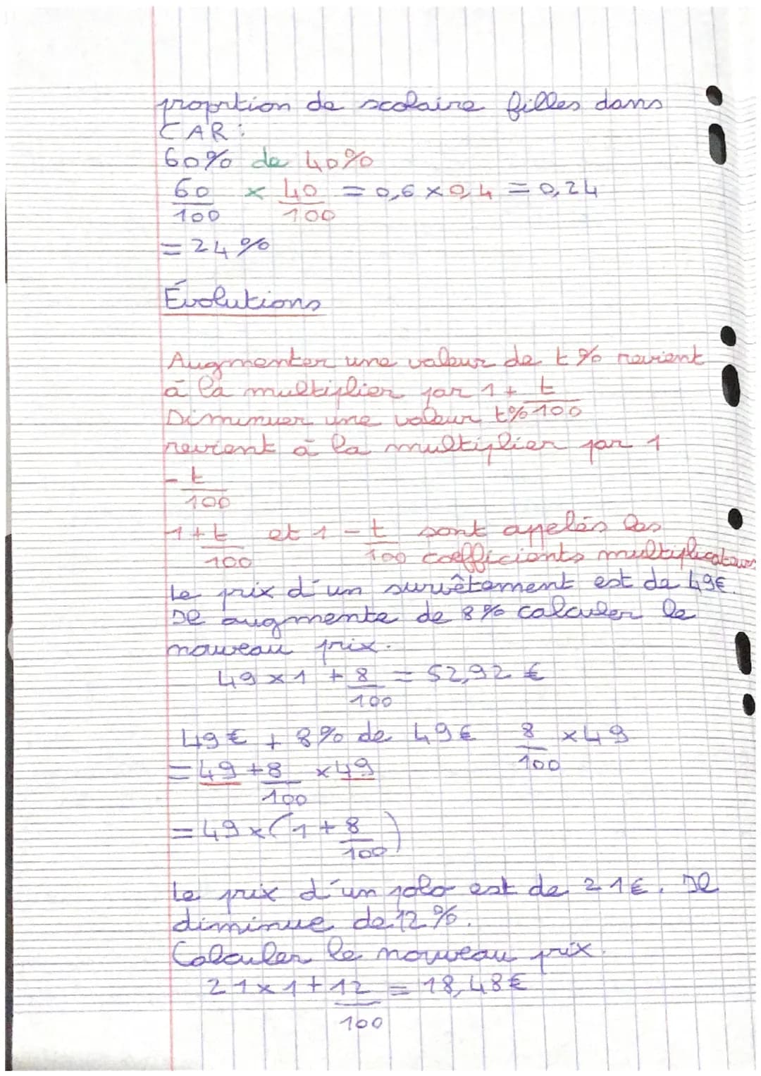 mathématiques révisions 2 nde
les pourcentages: proportion, évolutions
Proportion
%
sur les 48.0 élèves incrits en classe de
108 d'entre eux