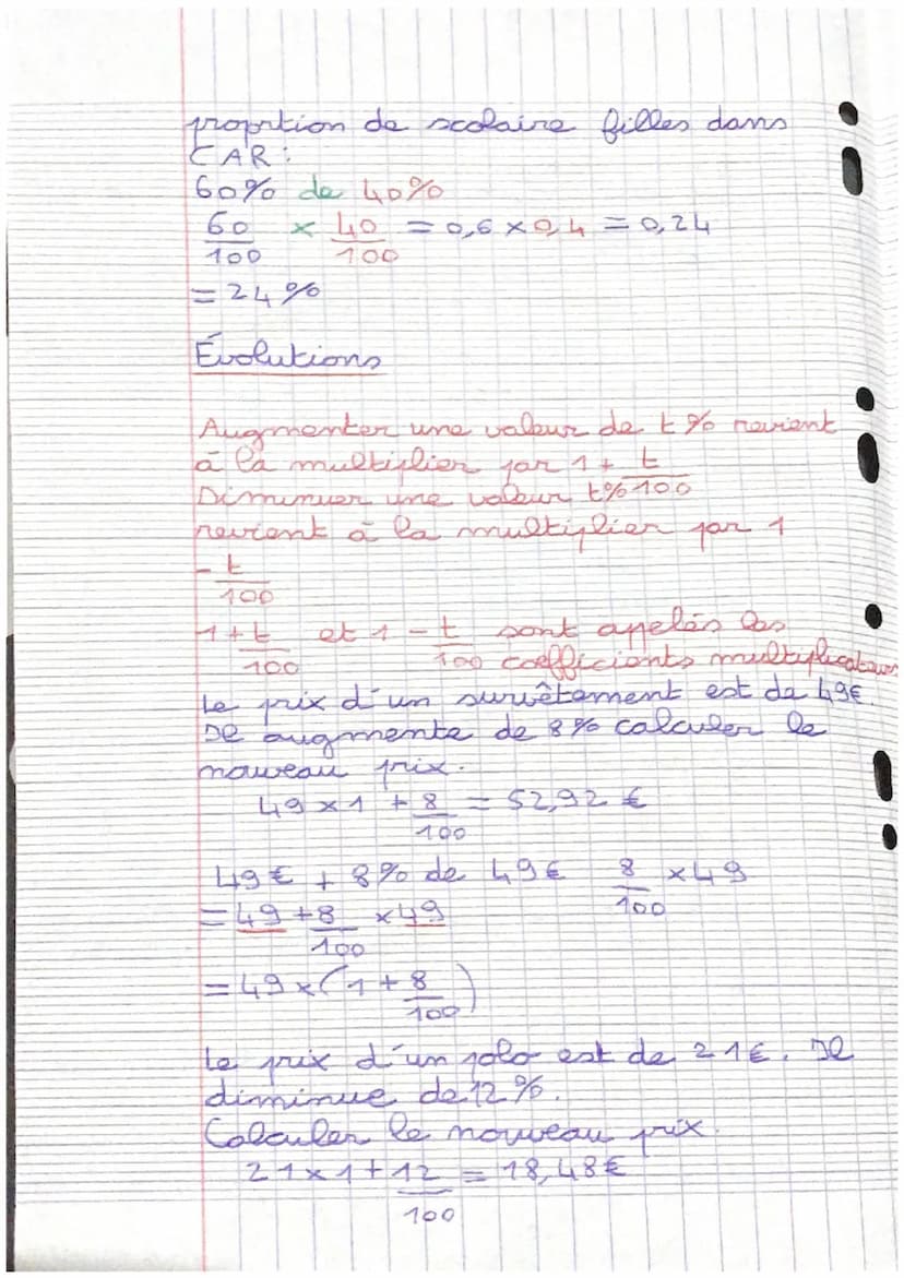 mathématiques révisions 2 nde
les pourcentages: proportion, évolutions
Proportion
%
sur les 48.0 élèves incrits en classe de
108 d'entre eux