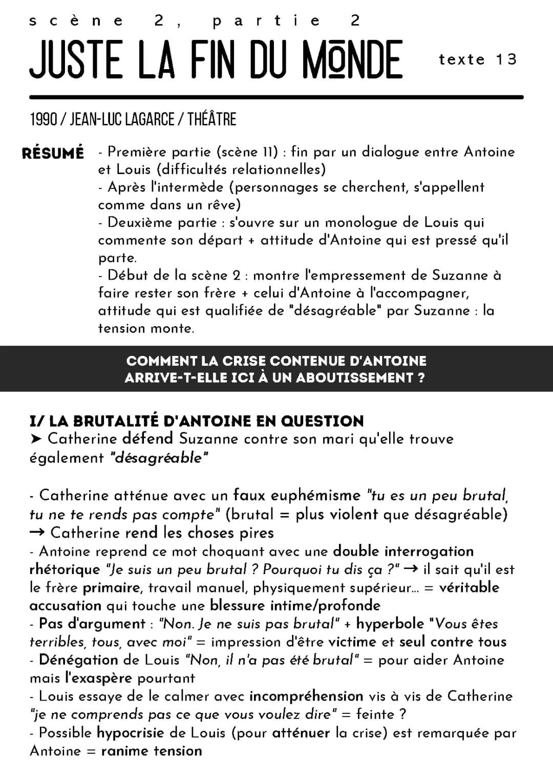 Juste la fin du monde Partie 2 Scène 2 : Analyse Linéaire et Texte PDF