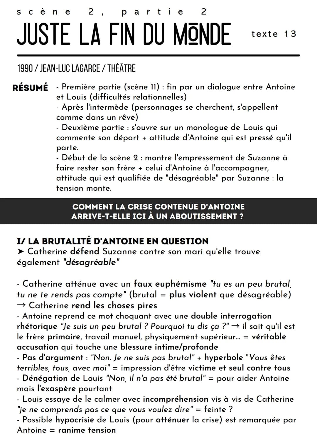scène 2, partie 2
JUSTE LA FIN DU MONDE
1990/JEAN-LUC LAGARCE/ THÉÂTRE
RÉSUMÉ
-
Première partie (scène 11) : fin par un dialogue entre Antoi