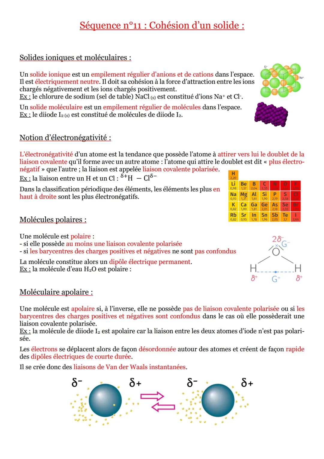 Séquence n°11: Cohésion d'un solide :
Solides ioniques et moléculaires :
Un solide ionique est un empilement régulier d'anions et de cations