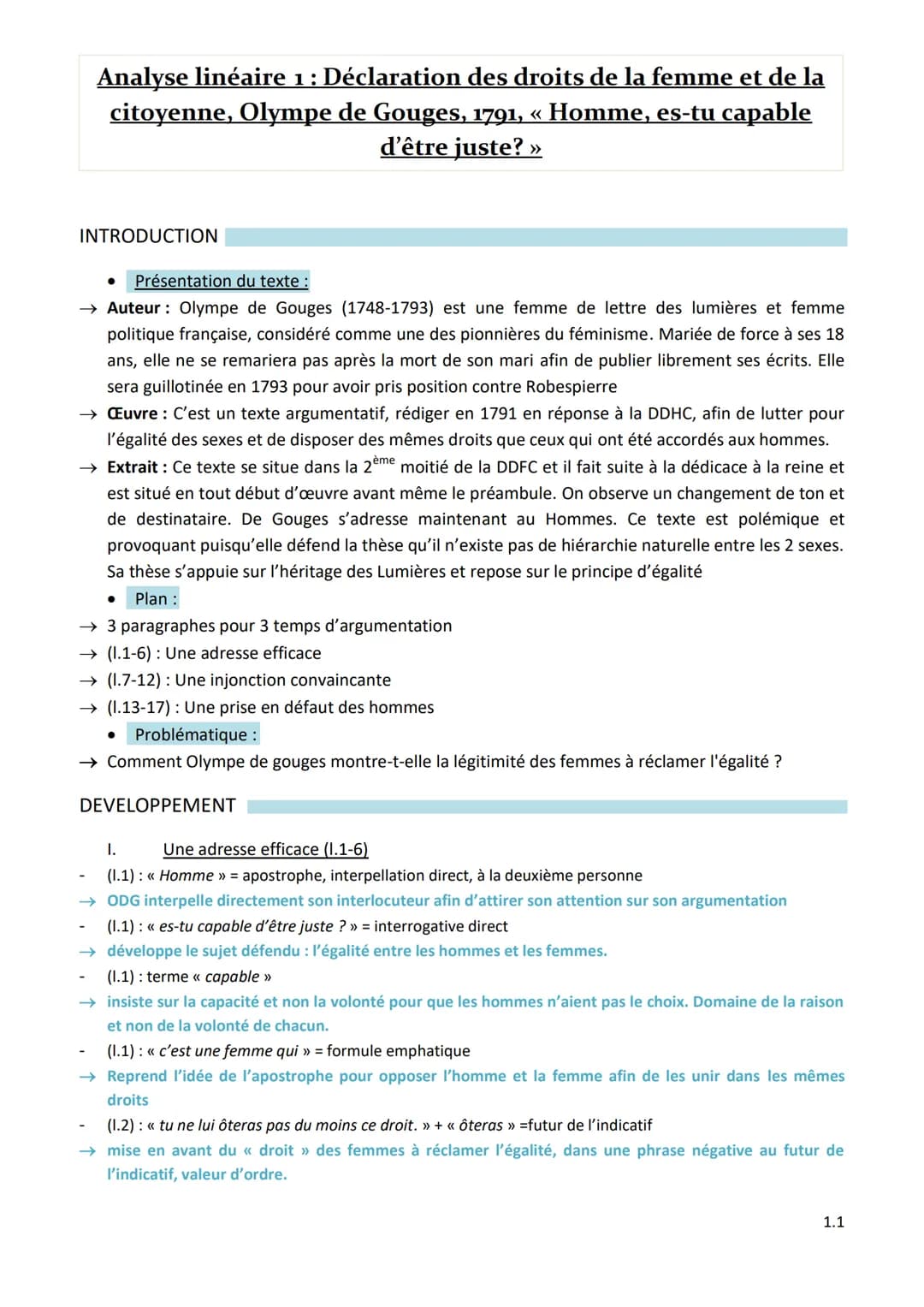 Analyse linéaire 1 : Déclaration des droits de la femme et de la
citoyenne, Olympe de Gouges, 1791, « Homme, es-tu capable
d'être juste? »
I