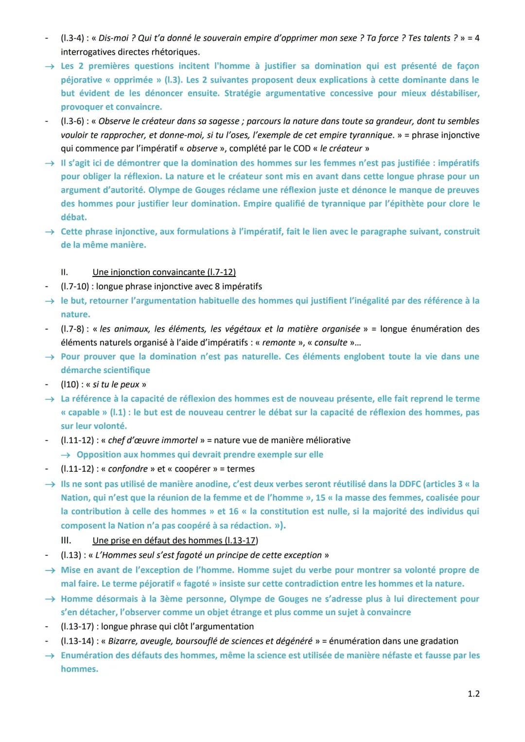 Analyse linéaire 1 : Déclaration des droits de la femme et de la
citoyenne, Olympe de Gouges, 1791, « Homme, es-tu capable
d'être juste? »
I