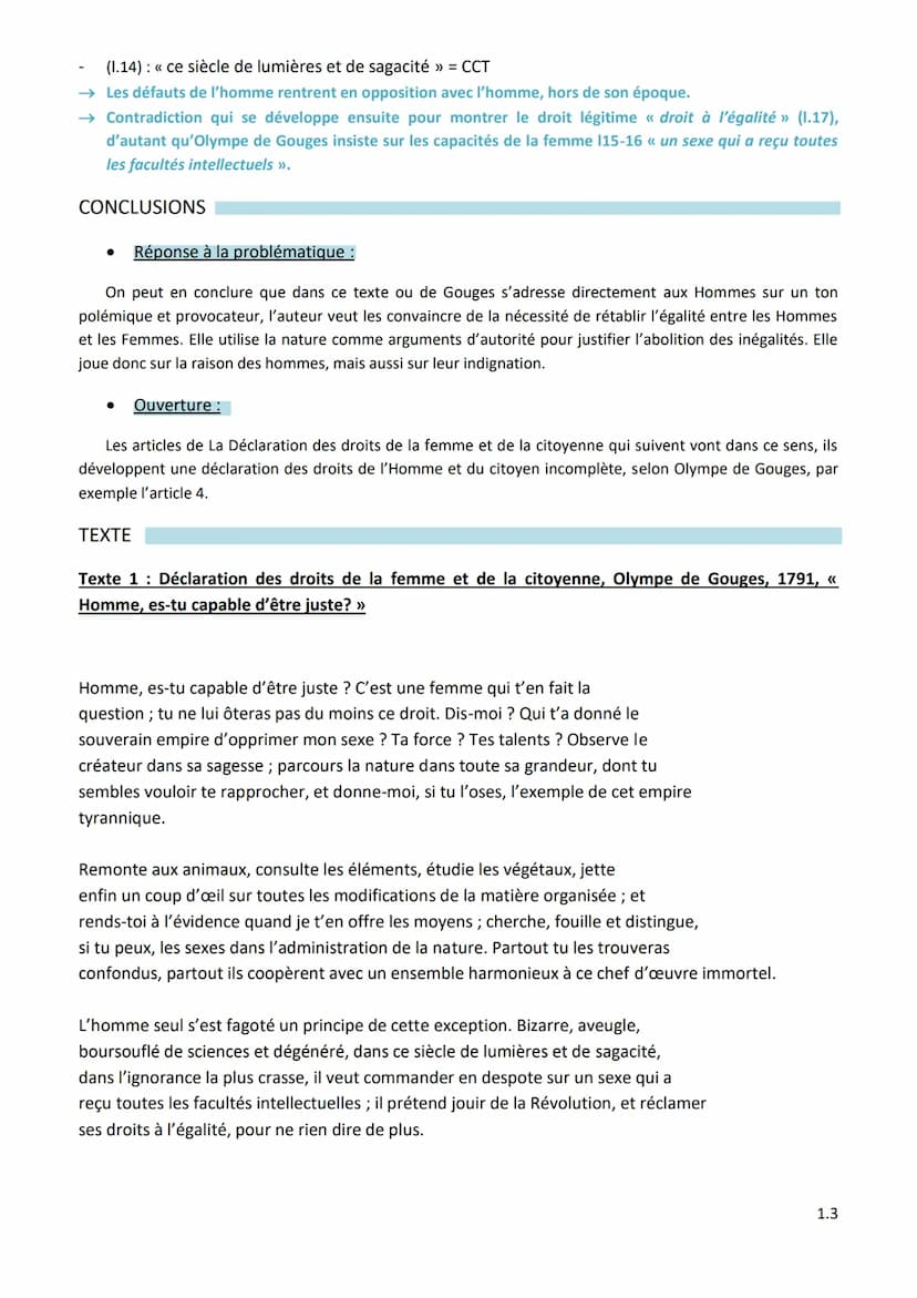 Analyse linéaire 1 : Déclaration des droits de la femme et de la
citoyenne, Olympe de Gouges, 1791, « Homme, es-tu capable
d'être juste? »
I