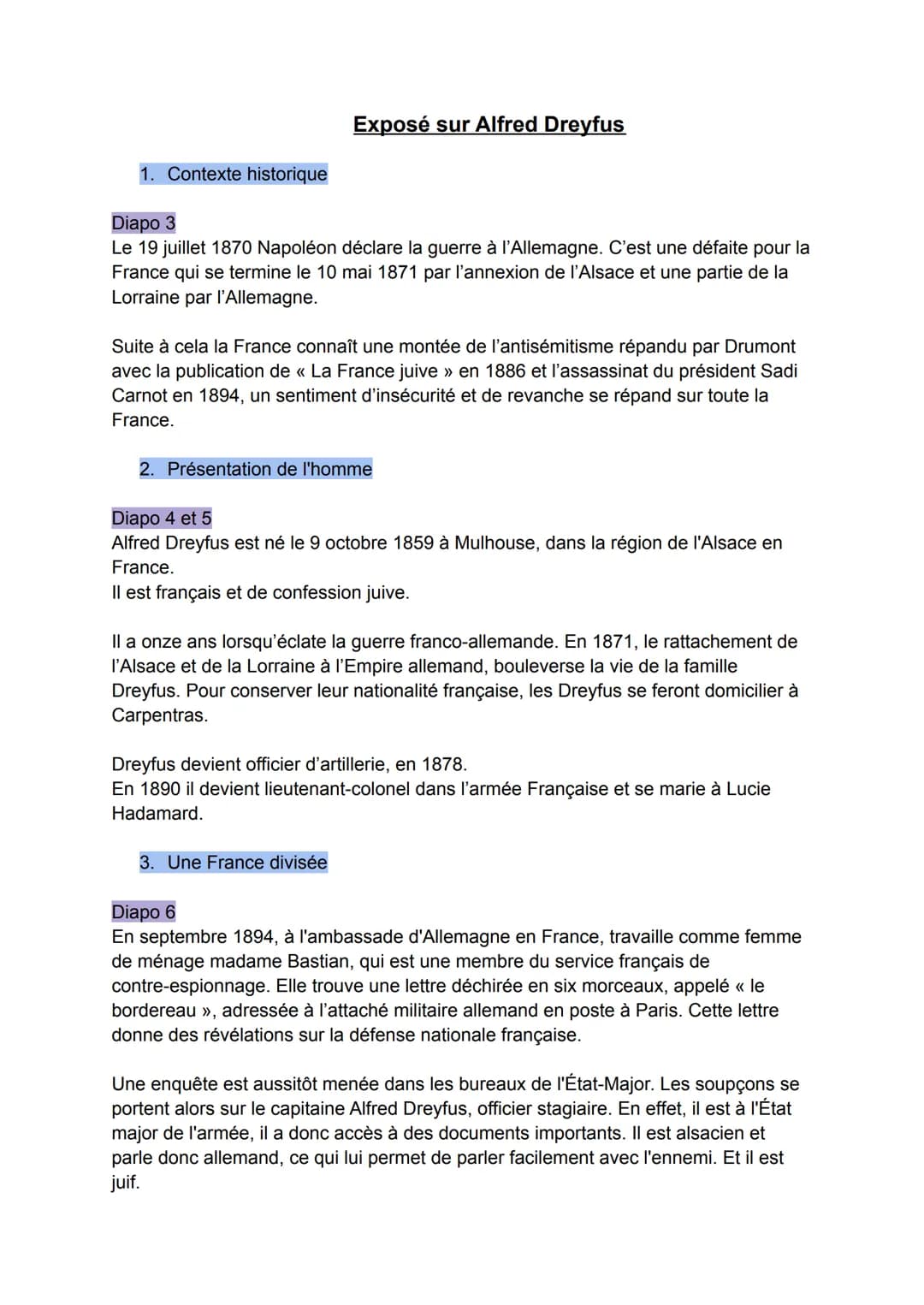 1. Contexte historique
Exposé sur Alfred Dreyfus
Diapo 3
Le 19 juillet 1870 Napoléon déclare la guerre à l'Allemagne. C'est une défaite pour