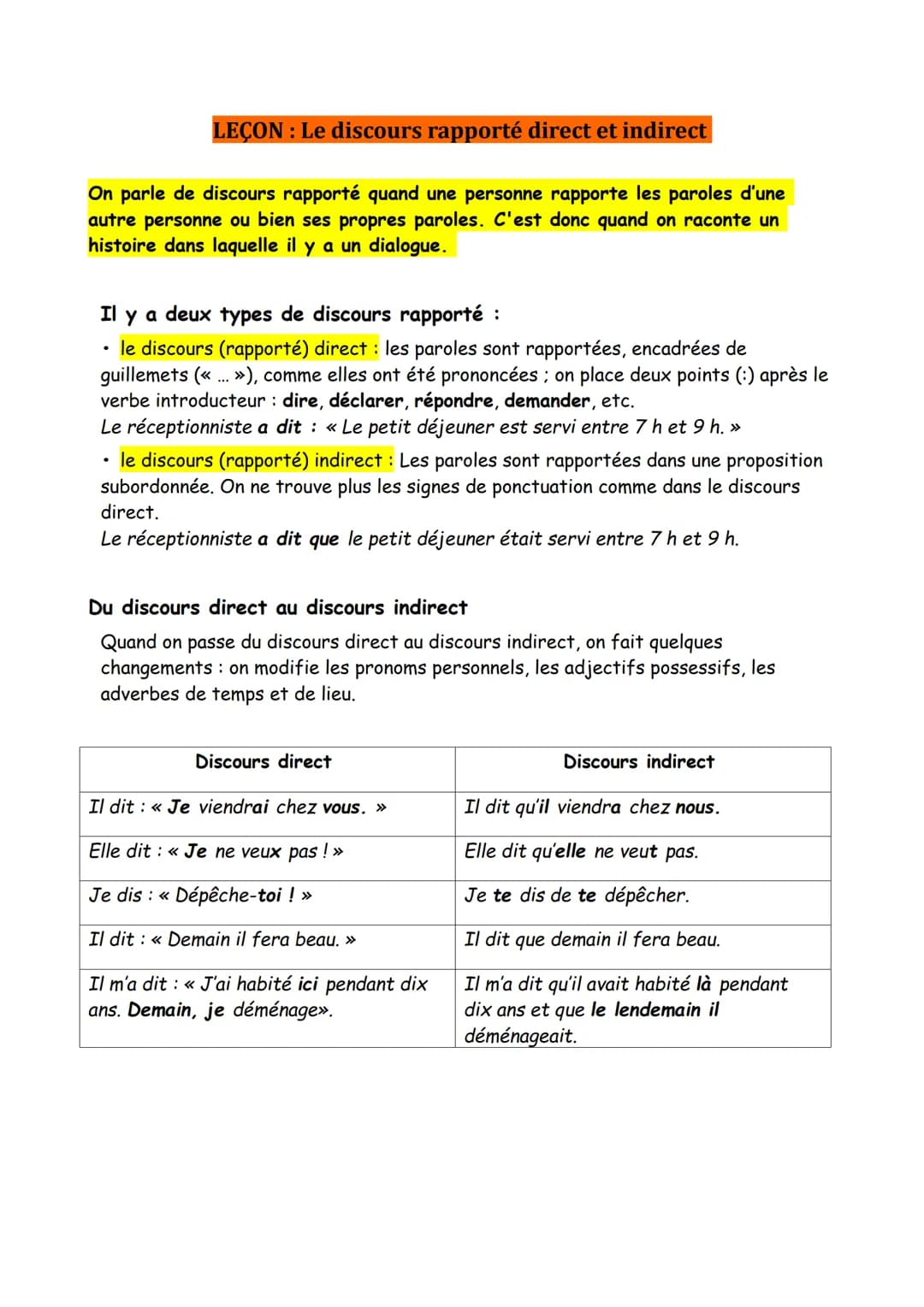 LEÇON: Le discours rapporté direct et indirect
On parle de discours rapporté quand une personne rapporte les paroles d'une
autre personne ou