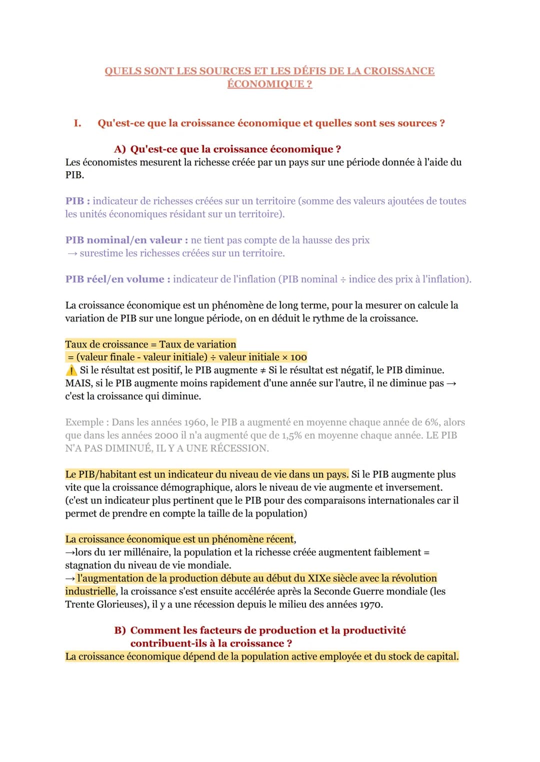 QUELS SONT LES SOURCES ET LES DÉFIS DE LA CROISSANCE
ÉCONOMIQUE ?
I. Qu'est-ce que la croissance économique et quelles sont ses sources ?
A)