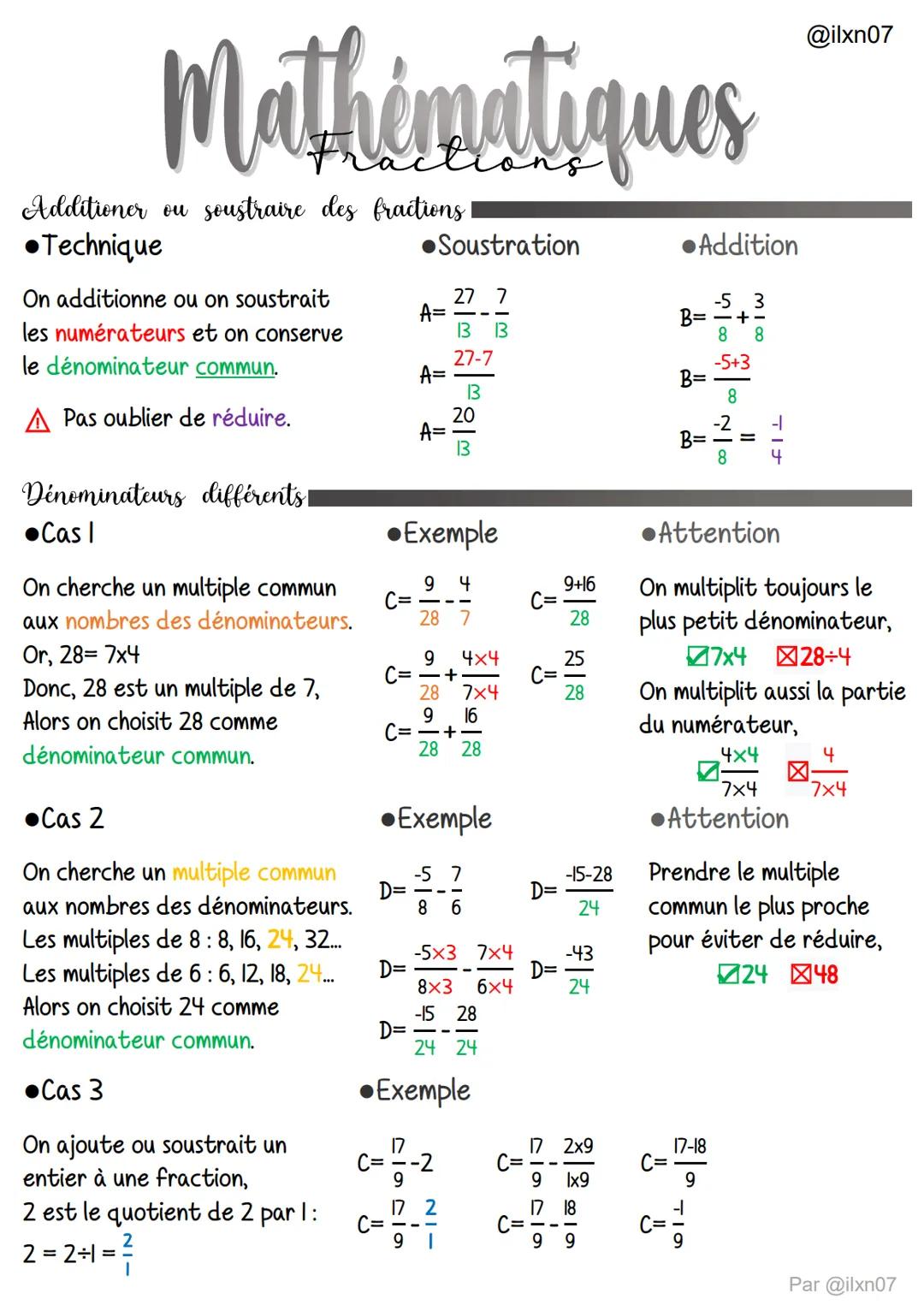 Additioner ou soustraire des fractions
•Technique
Mathématiques
On additionne ou on soustrait
les numérateurs et on conserve
le dénominateur