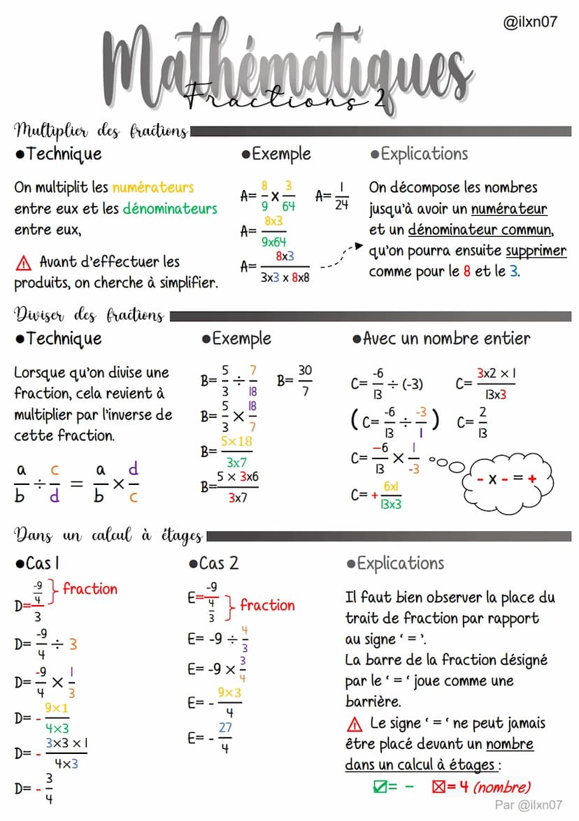 Additioner ou soustraire des fractions
•Technique
Mathématiques
On additionne ou on soustrait
les numérateurs et on conserve
le dénominateur