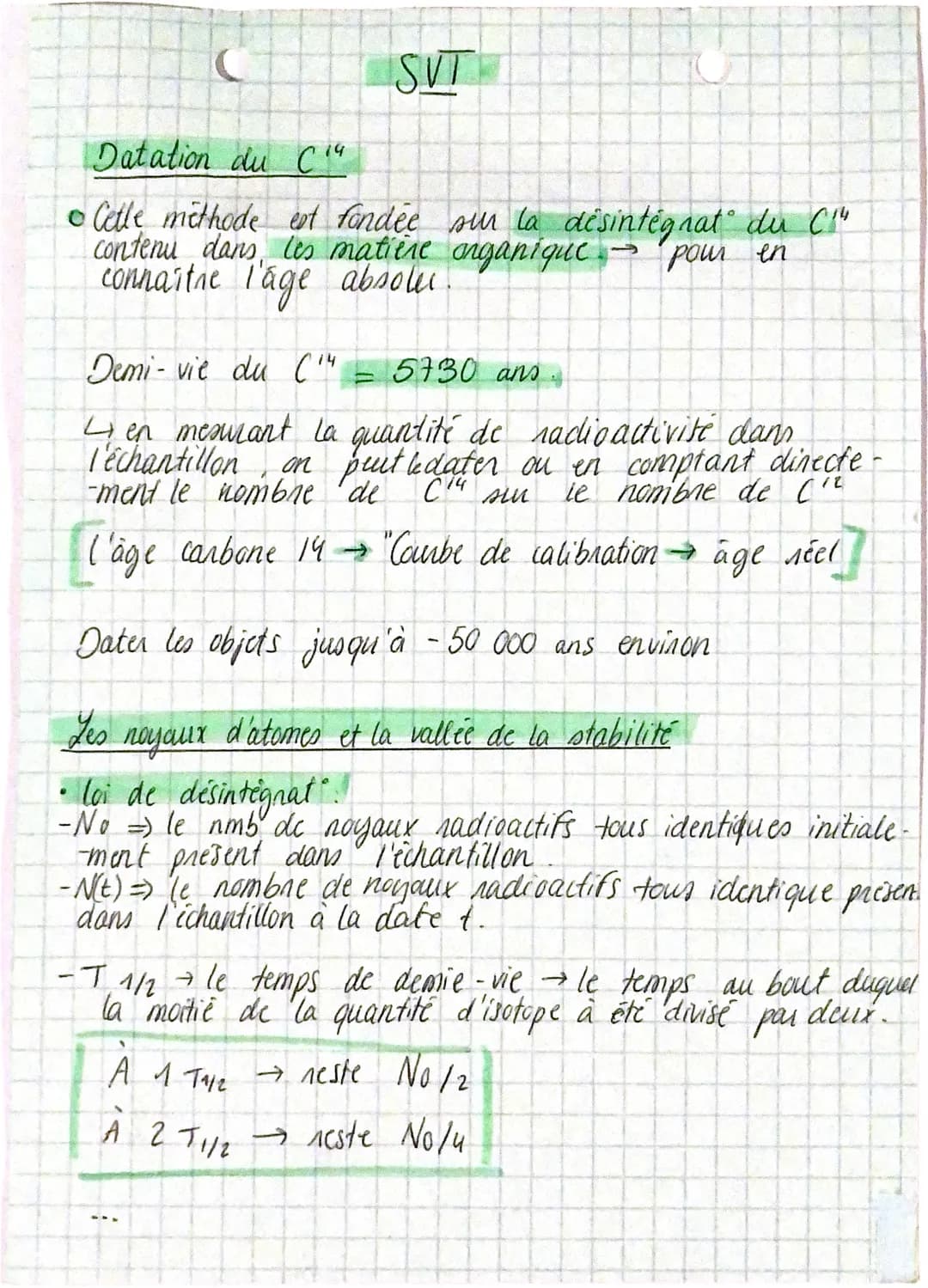 SVT
Datation du C14
• Cette méthode est fondée sur la désintégnat° du C1"
contenu dans les matière organique. → pour en
connaître l'age abso
