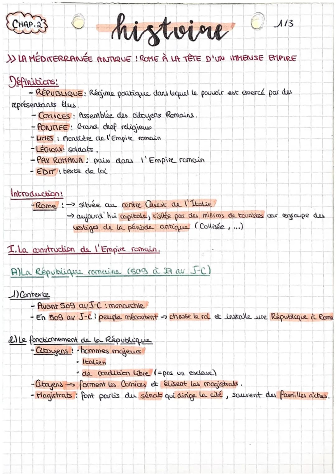 histoine
LA MÉDITERRANÉE ANTIQUE ! ROME À LA TÊTE D'UN IMMENSE EMPIRE
CHAP 23
Définitions:
- RÉPUBLIQUE: Régime politique dans lequel le pou