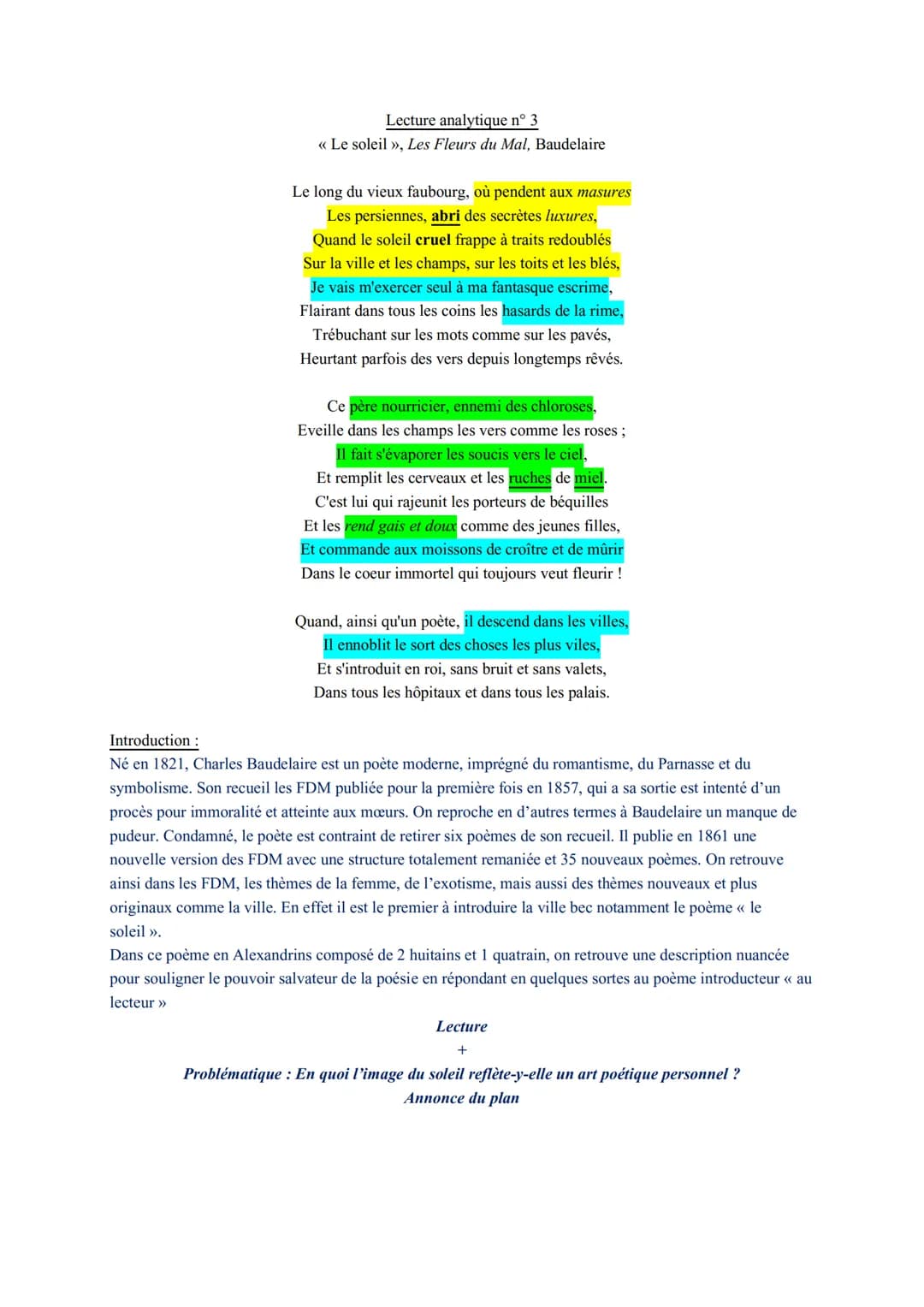 Lecture analytique n° 3
<< Le soleil », Les Fleurs du Mal, Baudelaire
Le long du vieux faubourg, où pendent aux masures
Les persiennes, abri