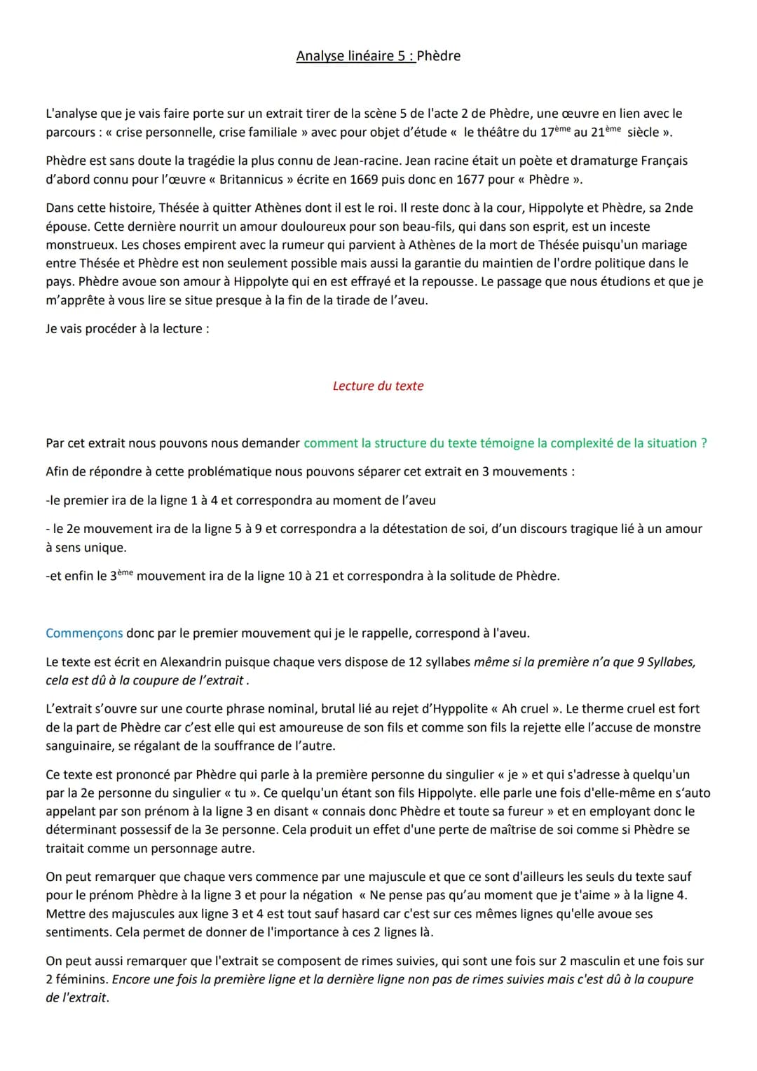 Analyse linéaire 5: Phèdre
L'analyse que je vais faire porte sur un extrait tirer de la scène 5 de l'acte 2 de Phèdre, une œuvre en lien ave