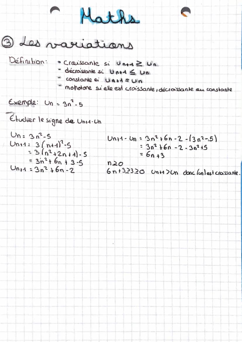 Maths
Chapitre 4: généralités sur les suites
• Définitions et exemples
formule explicite
Définition: Un f(n) exemple: Un = 30° -1 + U₁ = 3x0
