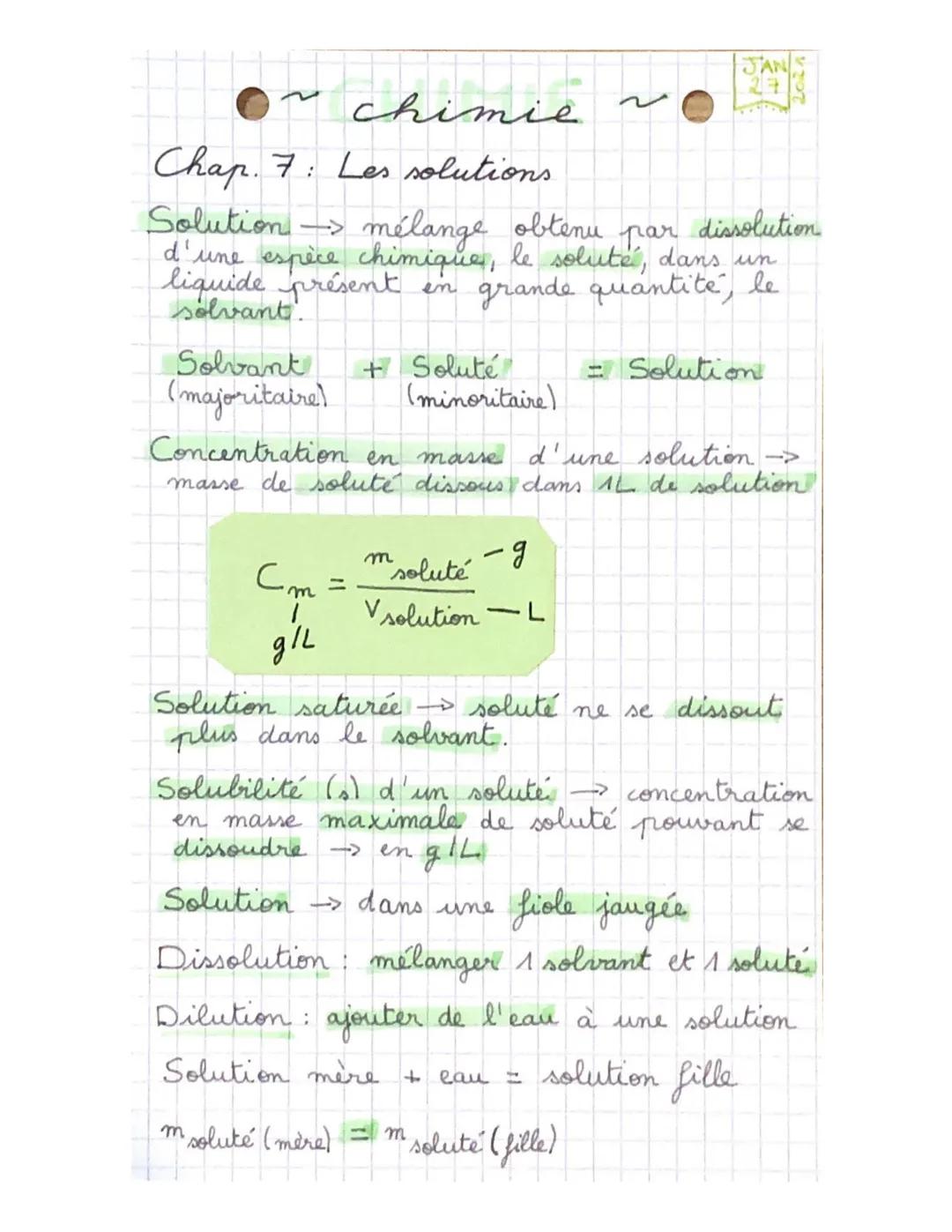 chimie
chi
Chap. 7: Les solutions.
→
Solution mélange obtenu par dissolution
d'une espèce chimique, le soluté, dans un
liquide présent en gr