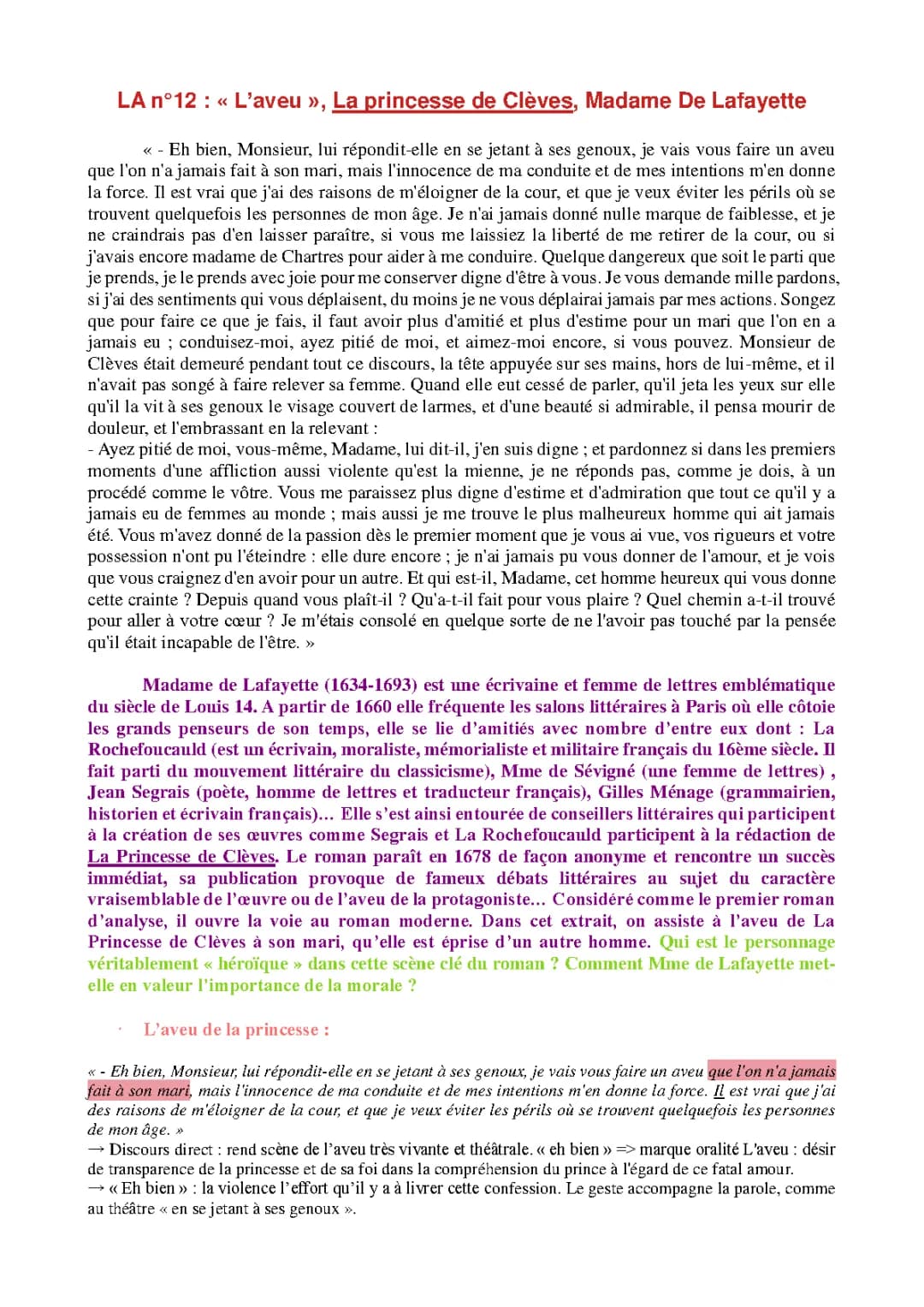 Analyse linéaire de l'aveu de la Princesse de Clèves - Texte PDF, Commentaires et Résumés